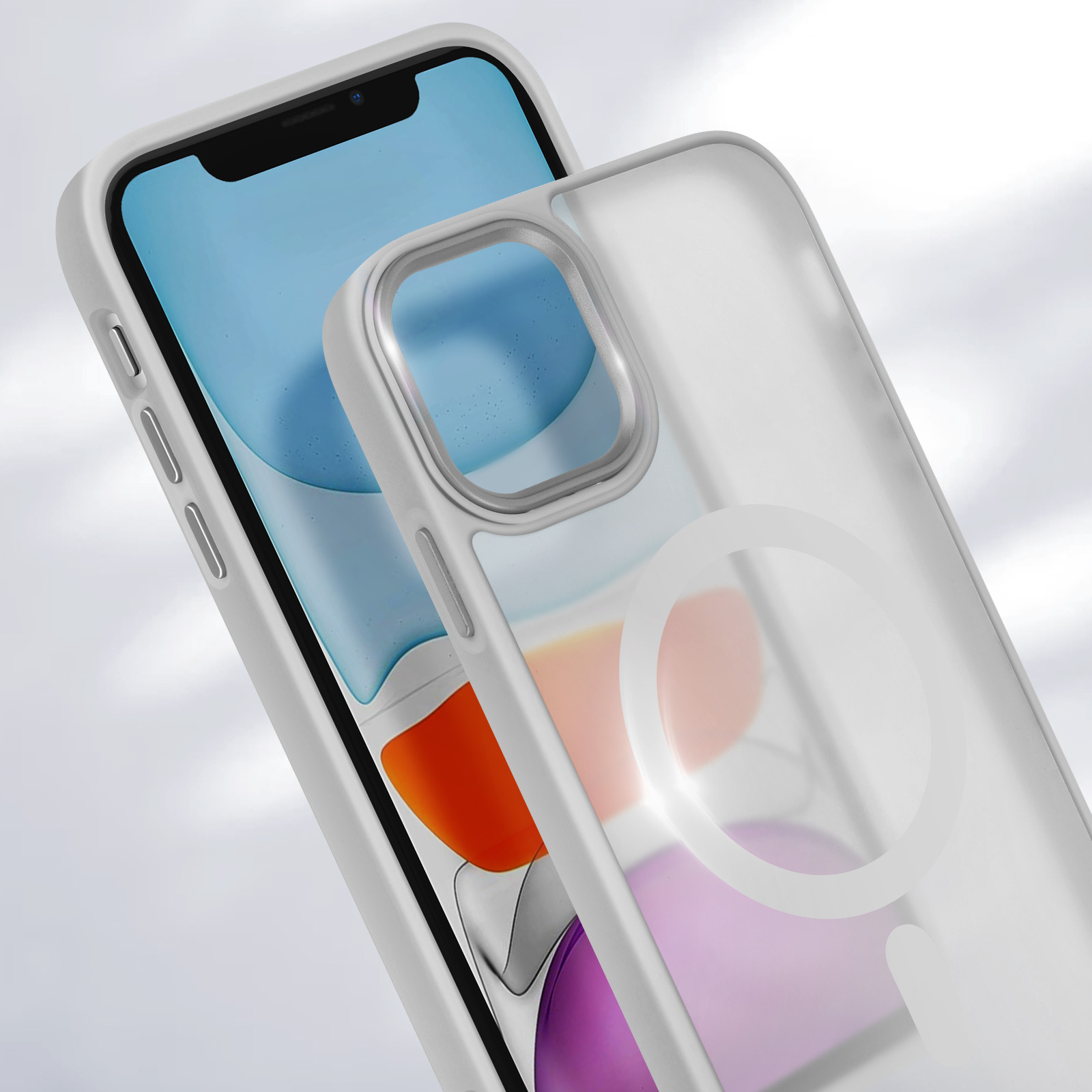 Un telefono con una custodia trasparente. La custodia ha un anello bianco per MagSafe. Il telefono è bianco.