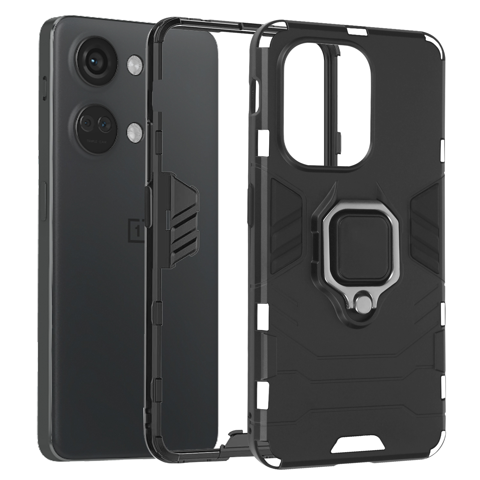 Schwarzes Telefon mit Hülle. Die Hülle ist schwarz mit einem Ringhalter. Weißer Hintergrund.