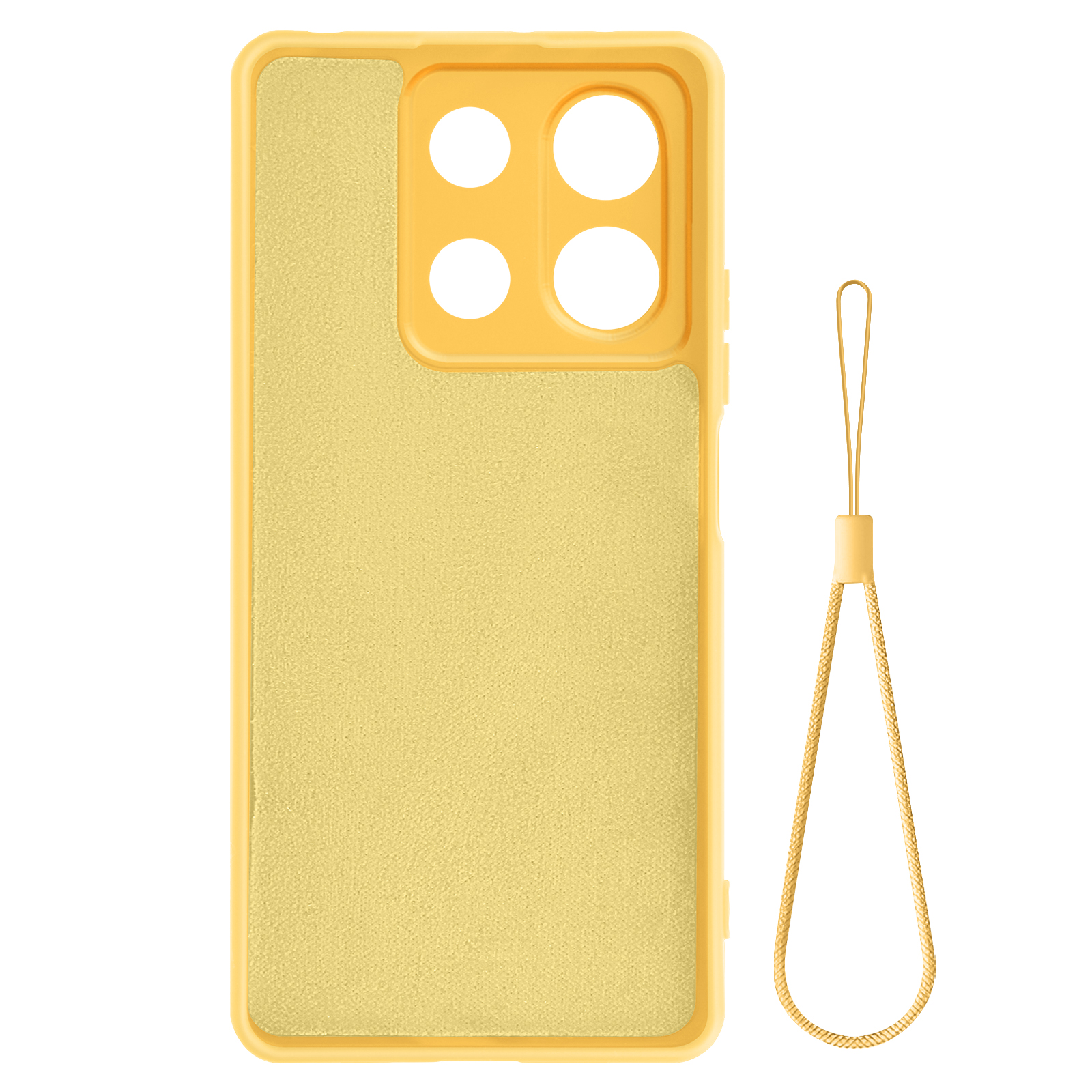 Una custodia gialla per telefono con un cinturino da polso abbinato. Il retro del telefono è visibile.
