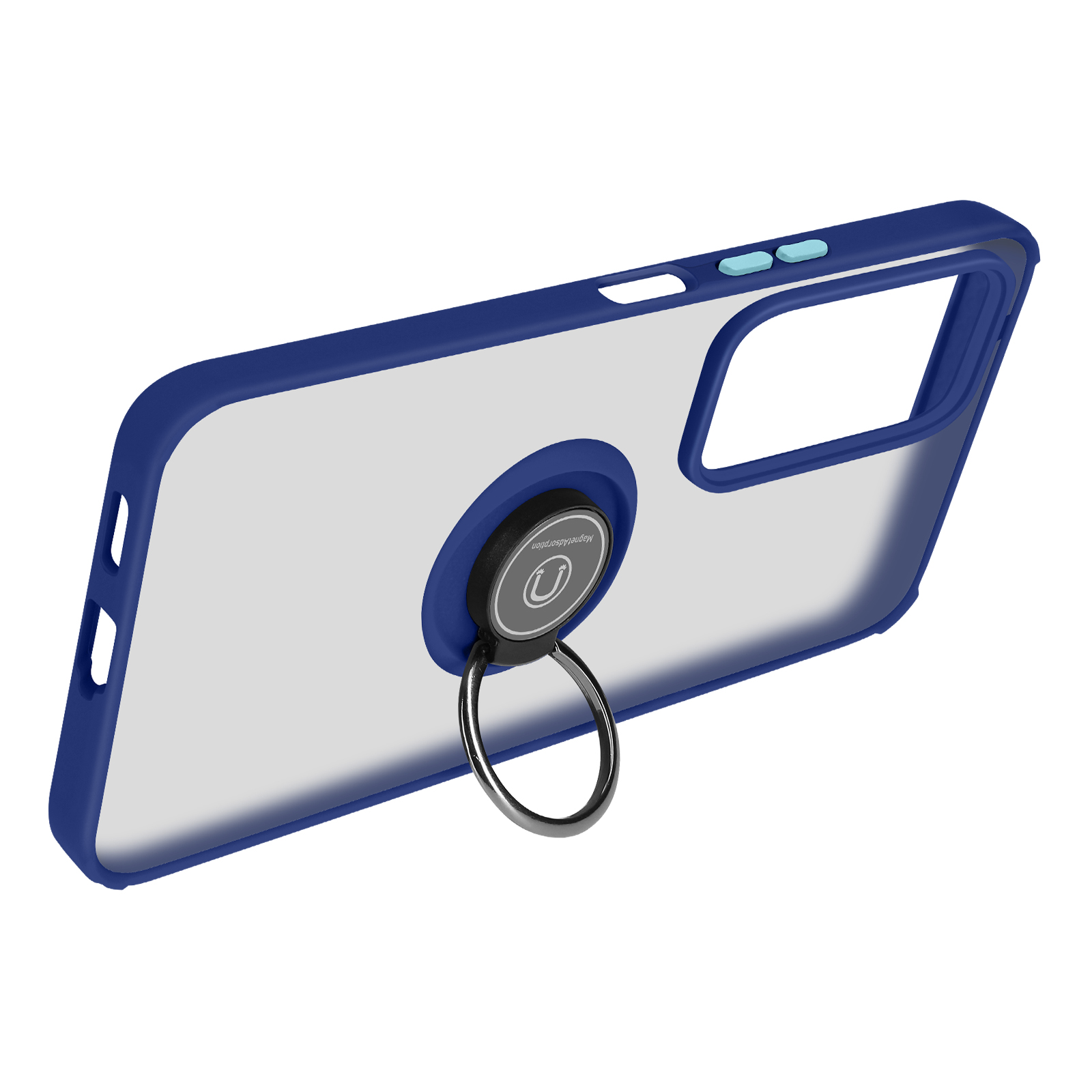 Blau-transparente Handyhülle mit Ringhalterung. Der Ring ist silberfarben.