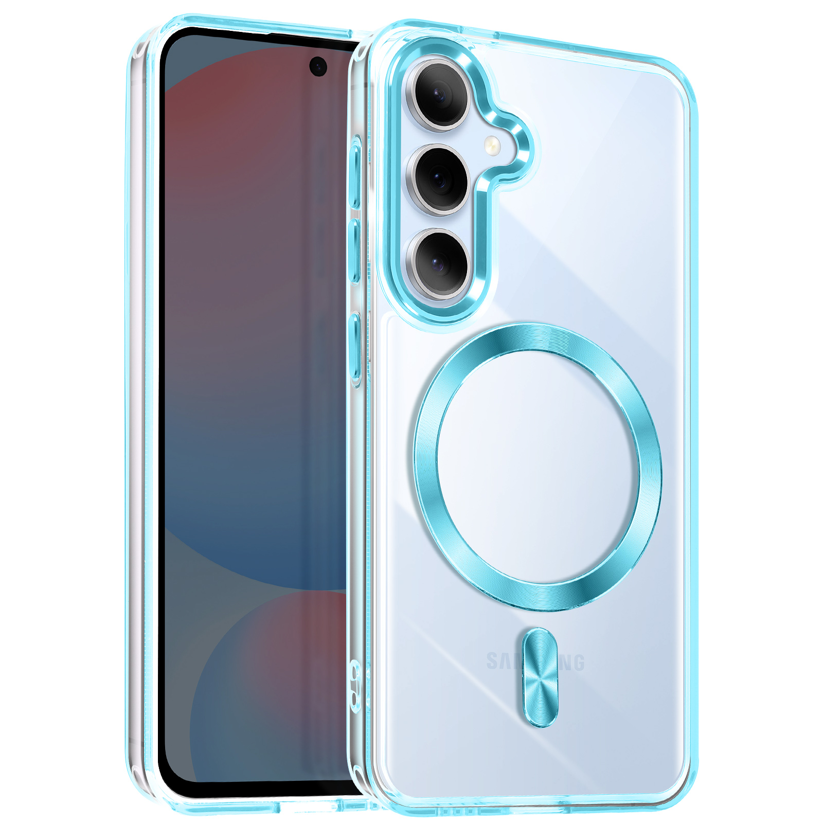 Una custodia trasparente con accenti blu. Il telefono è visibile. Lo sfondo è bianco.