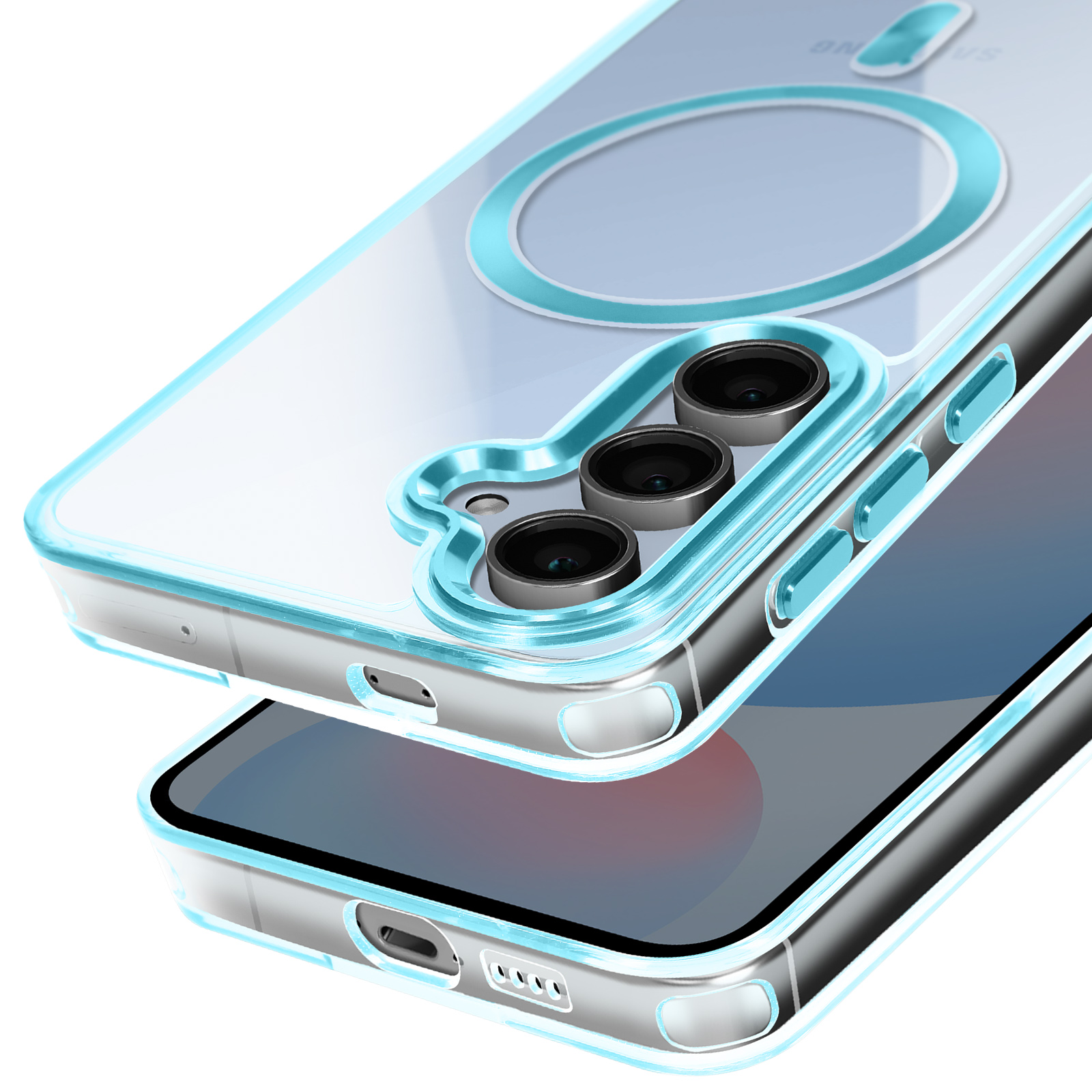 Custodia trasparente per telefono con bordo blu, che mostra un telefono all'interno. Vista angolata.