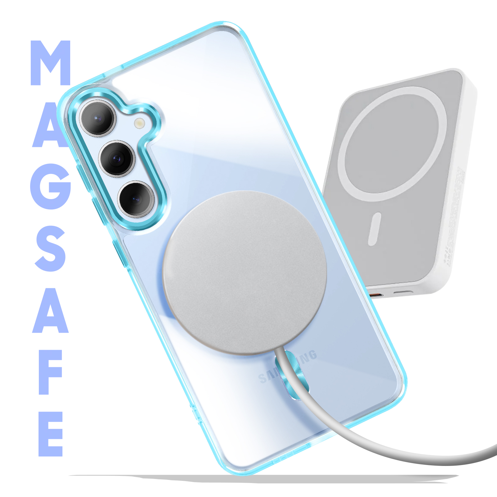 Custodia trasparente con cerchio MagSafe e caricatore MagSafe accanto.