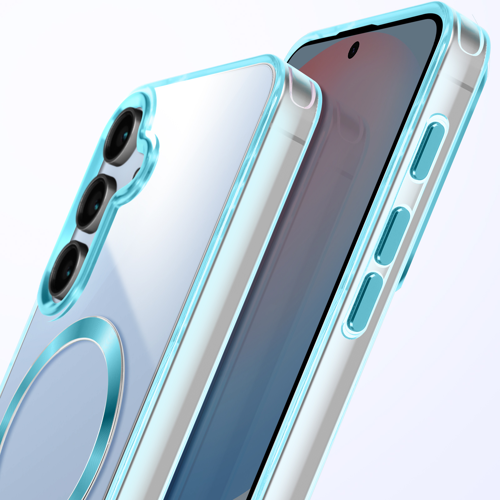 Custodia con dettagli blu. Custodia trasparente con anello blu. Tre fotocamere visibili.