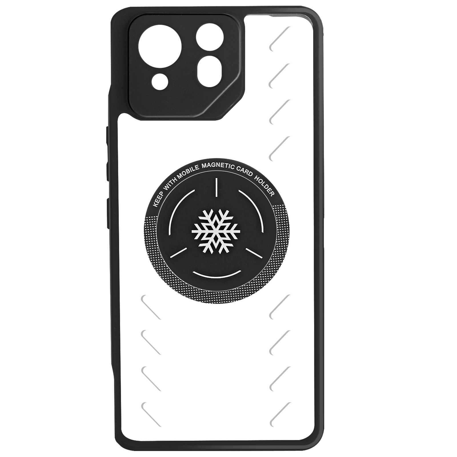Una custodia per telefono in bianco e nero con un design a fiocco di neve e le parole "KEEP WITH MOBILE MAGNETIC CARD HOLDER".