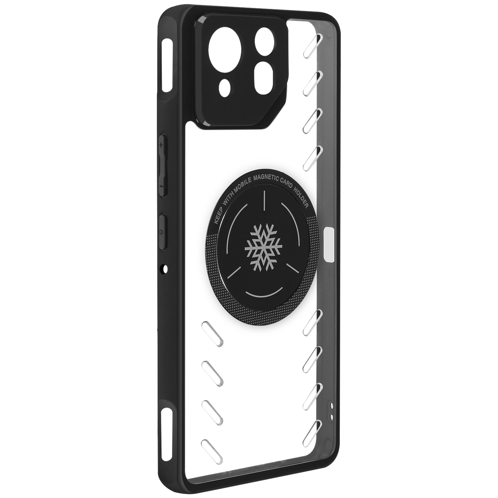 Custodia trasparente con accenti neri. Un porta carte magnetico è sul retro della custodia.
