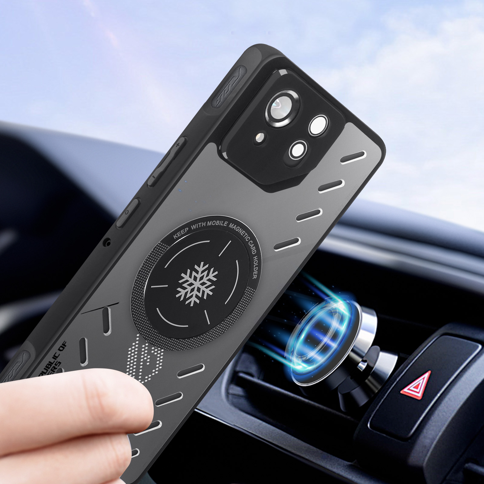 Una custodia per telefono con un porta carte magnetico e un supporto per bocchetta dell'auto, con una mano che la tocca.