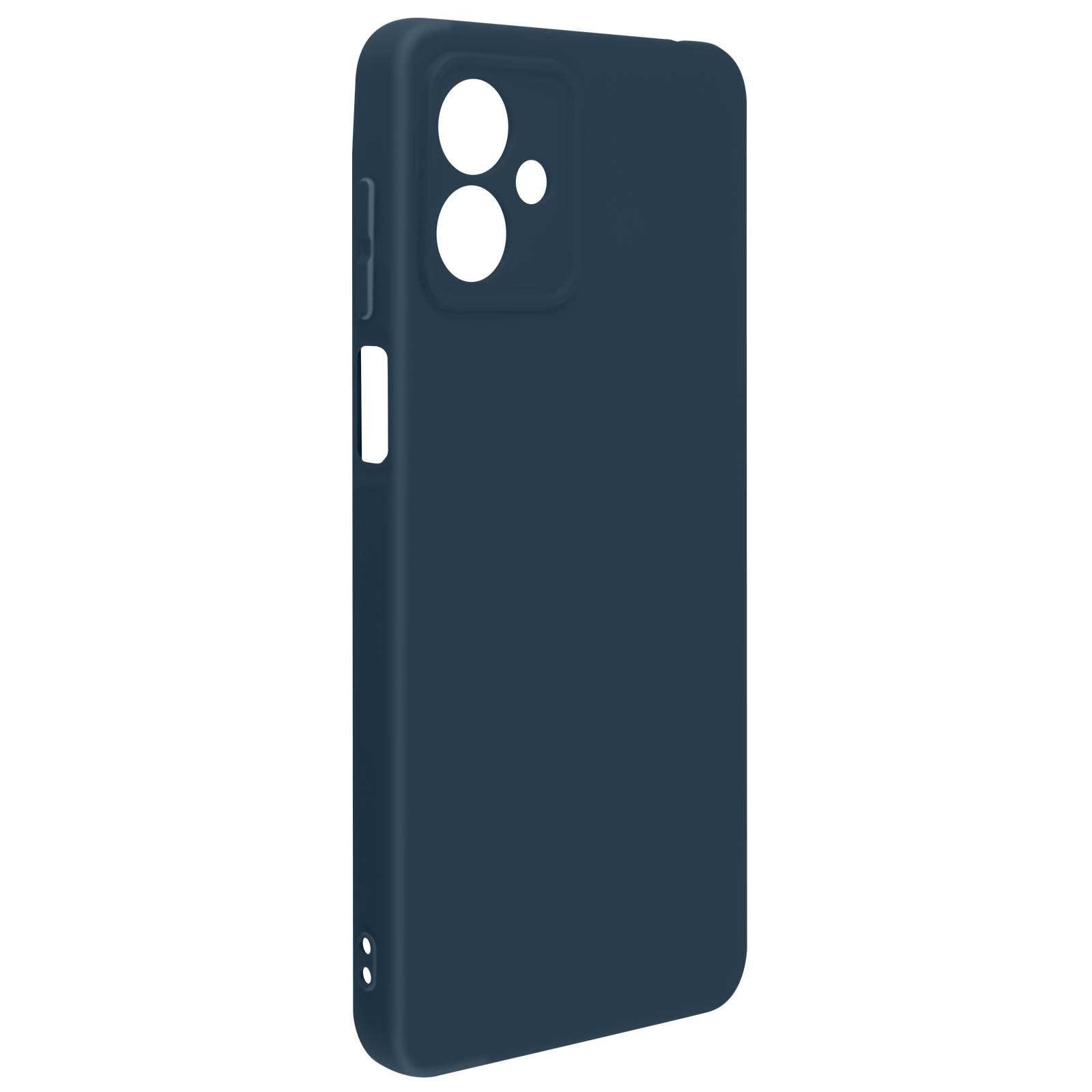 Una custodia blu per telefono. La custodia ha ritagli per la fotocamera e i pulsanti. Il telefono è blu.