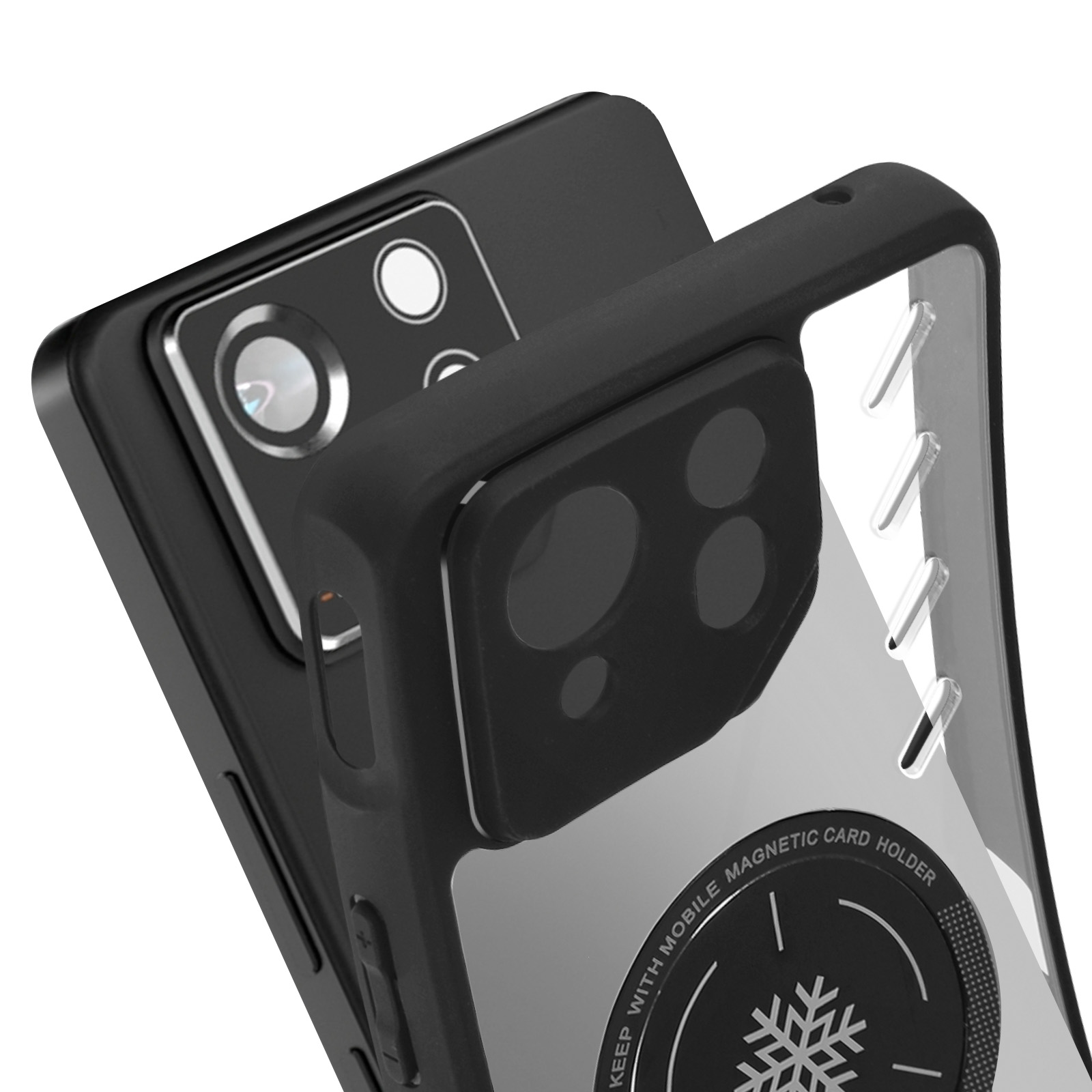 Telefono nero con custodia nera e trasparente. Con porta tessere magnetico.