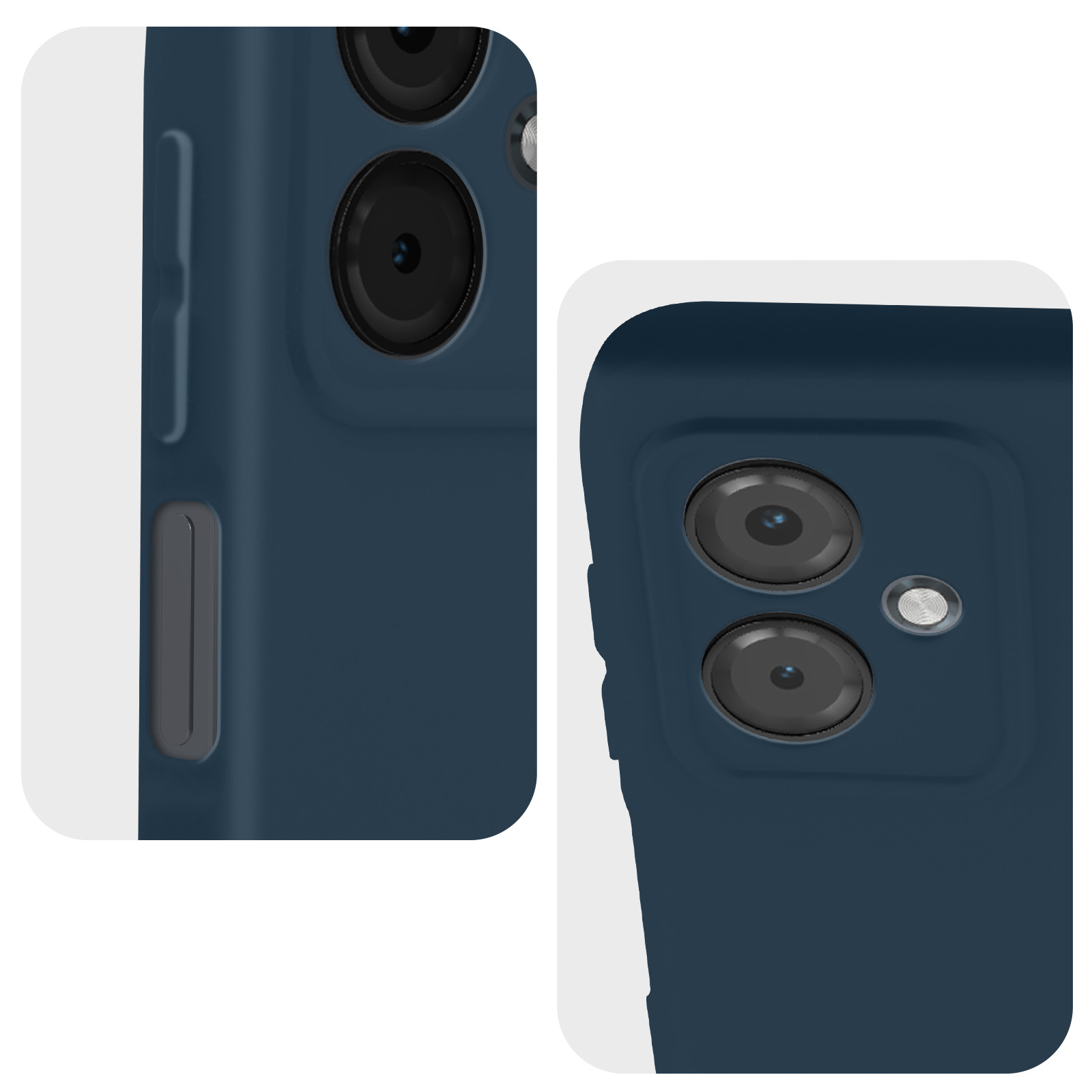 Primo piano di due telefoni che mostrano una custodia blu navy. Le custodie evidenziano le lenti della fotocamera.