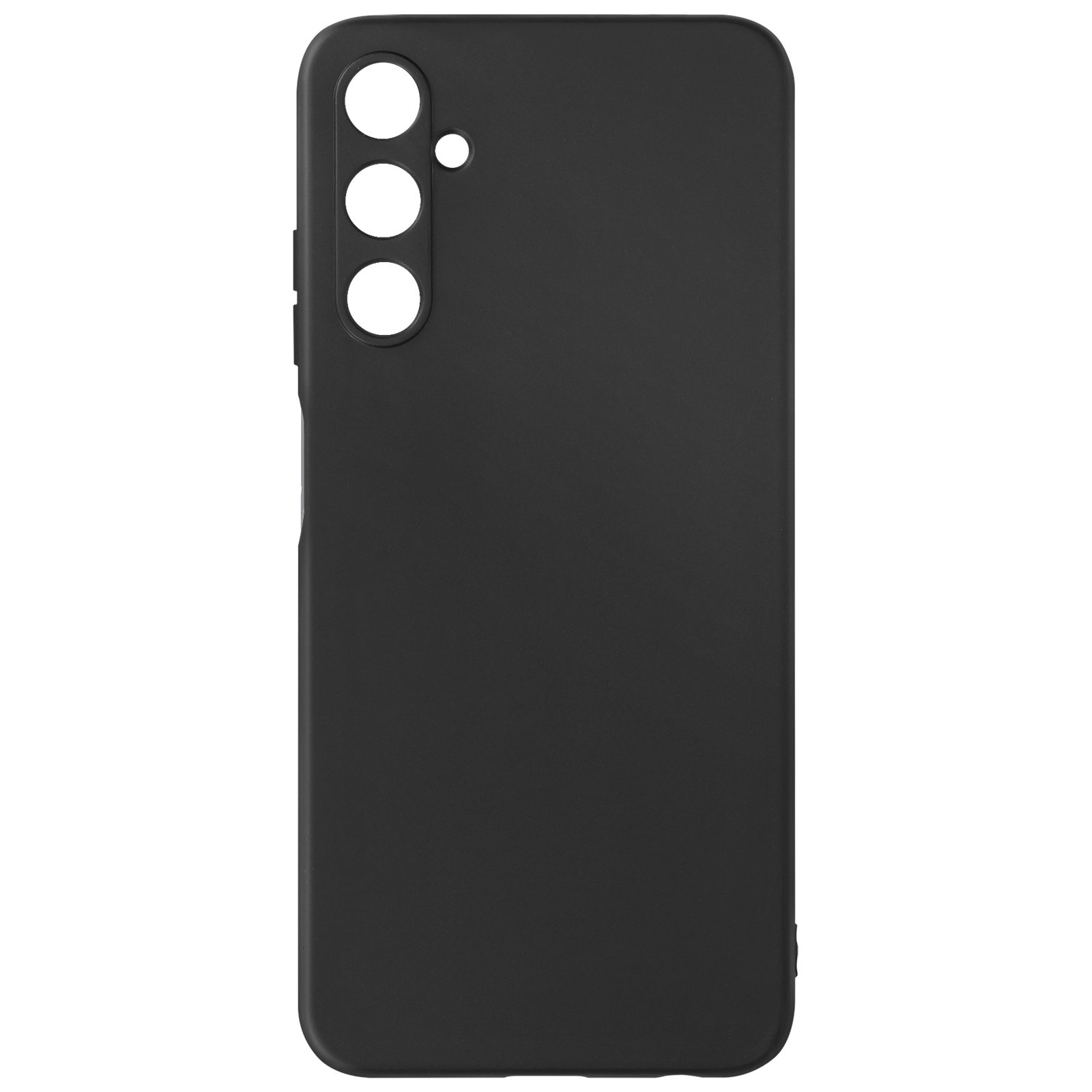 Custodia nera per telefono con tre fori per fotocamera. La custodia è liscia e opaca.