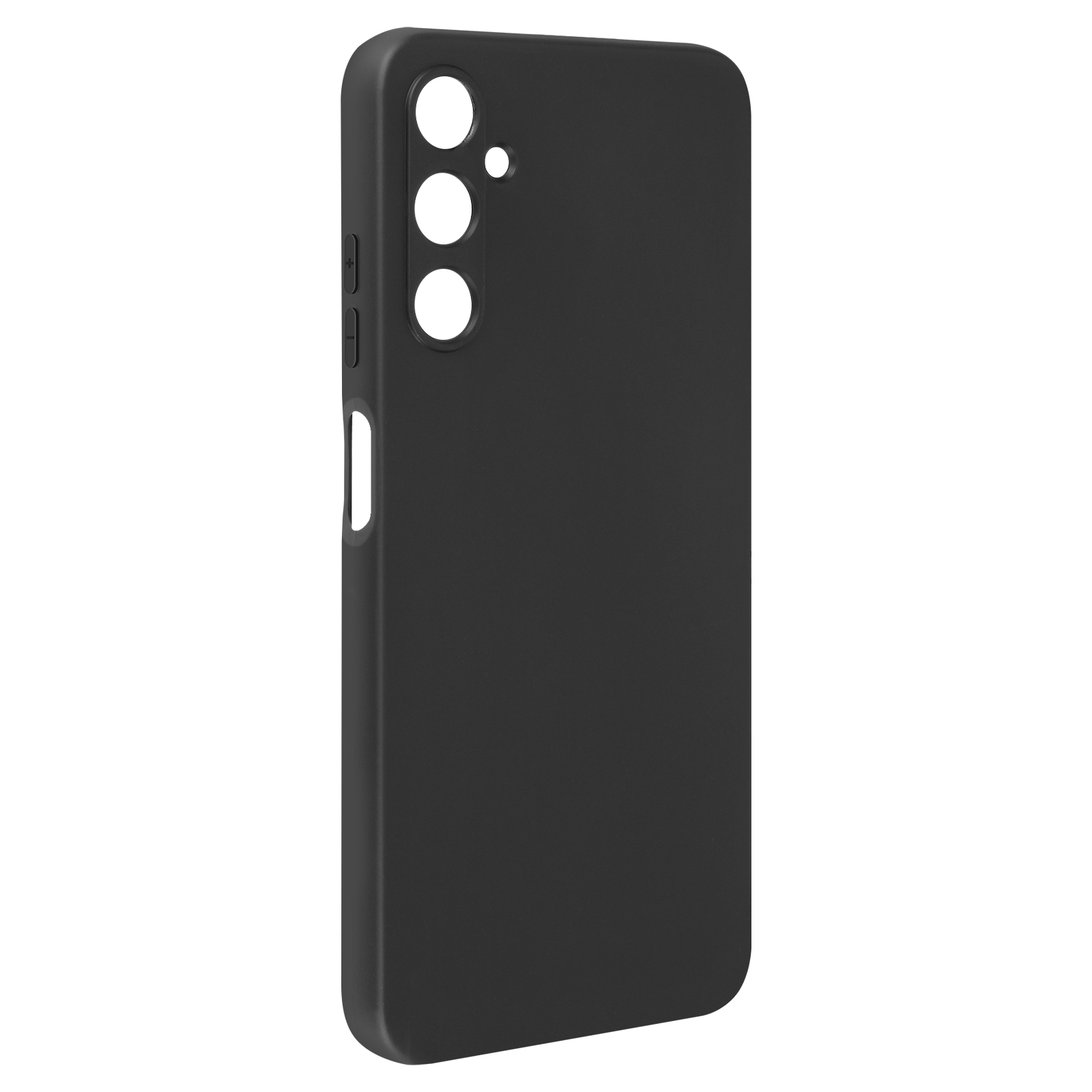 Una custodia per telefono nera con tre fori per la fotocamera. La custodia è vuota. Sfondo bianco.