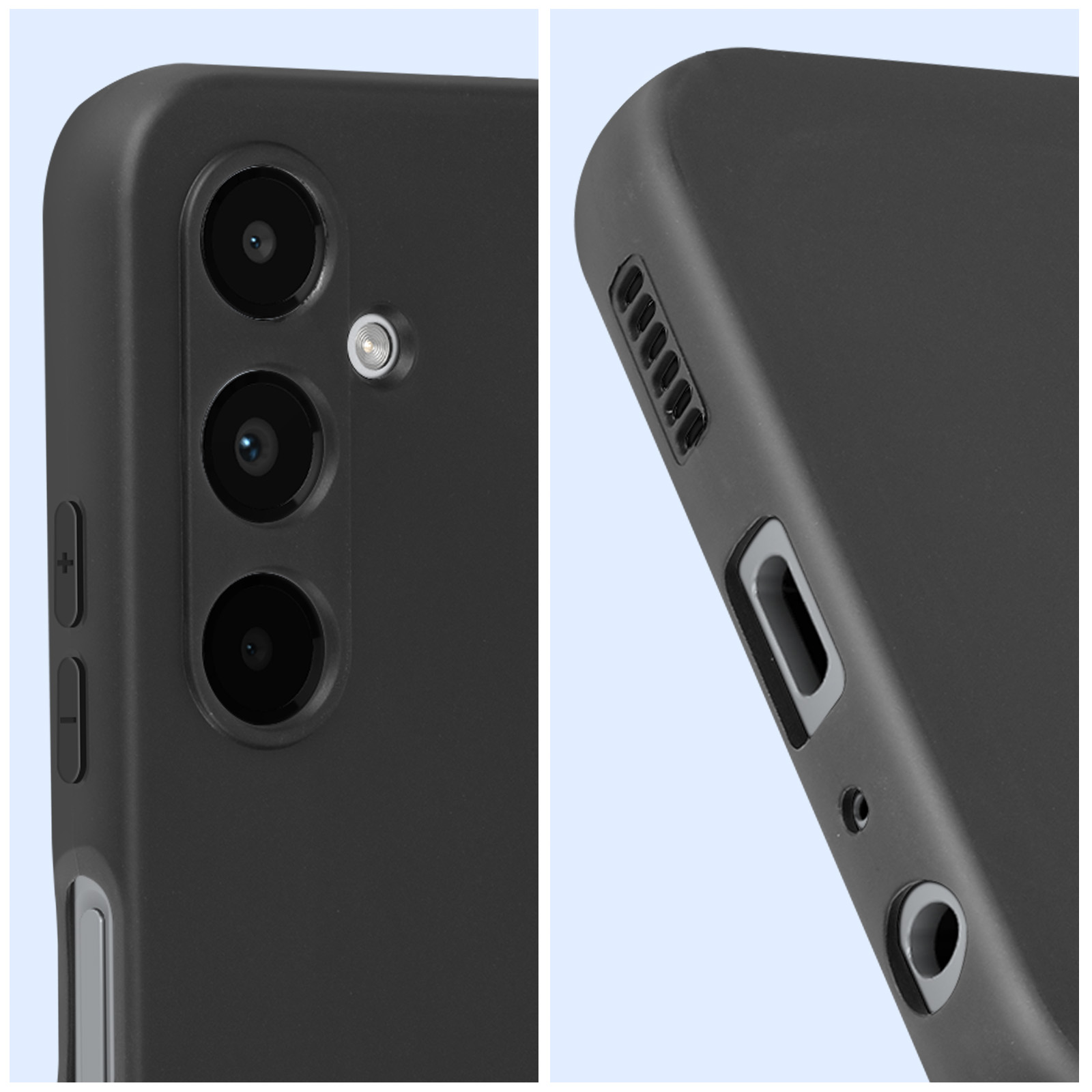 Primo piano di una custodia nera per telefono che mostra lenti della fotocamera, pulsanti e porta di ricarica. Plastica trasparente.