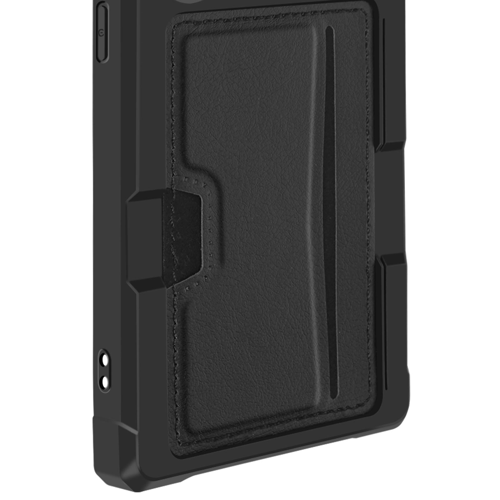 Custodia nera per telefono con design a portafoglio in pelle.
