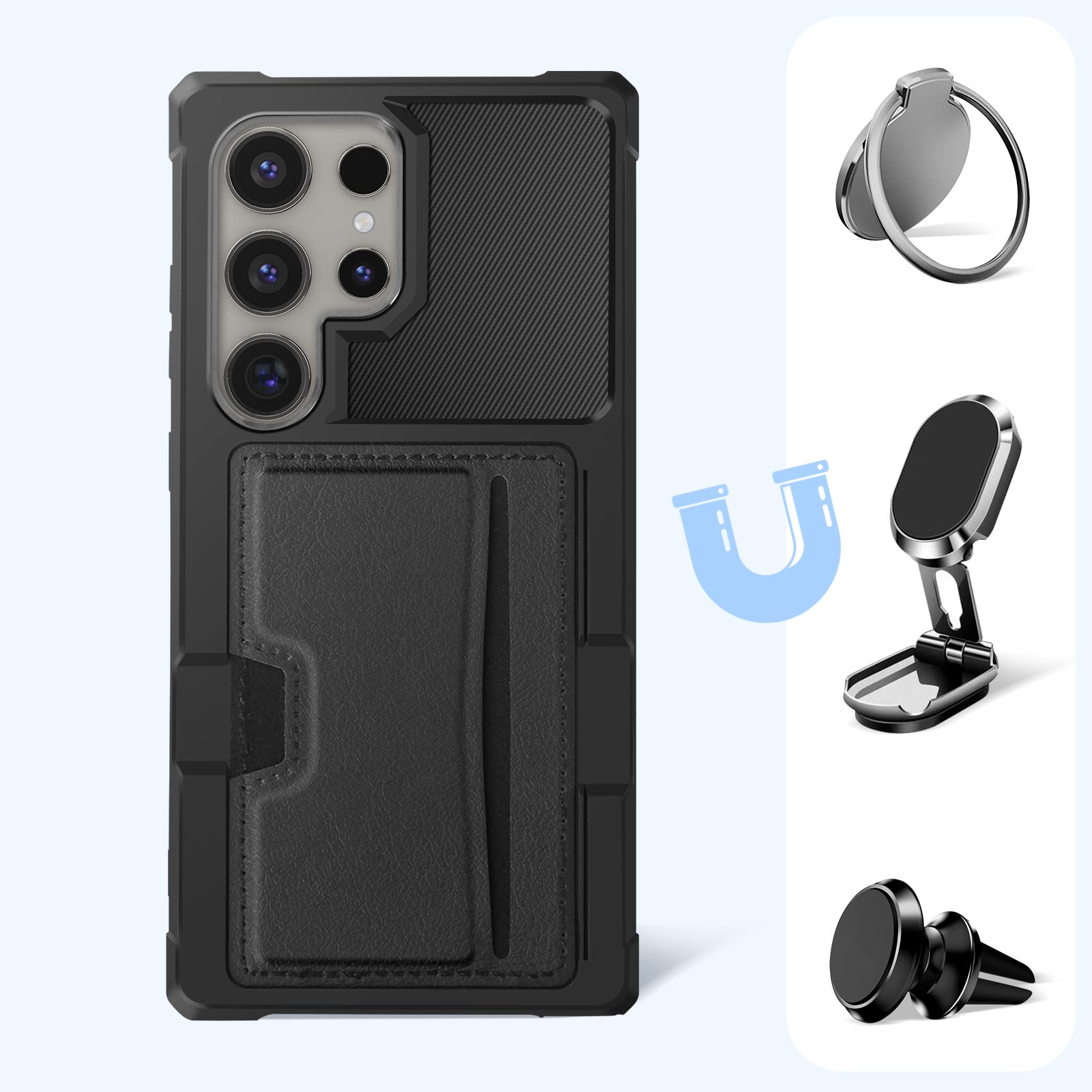 Custodia nera per telefono con portacarte. Include anello di supporto, supporto per telefono e supporto per bocchetta dell'auto.
