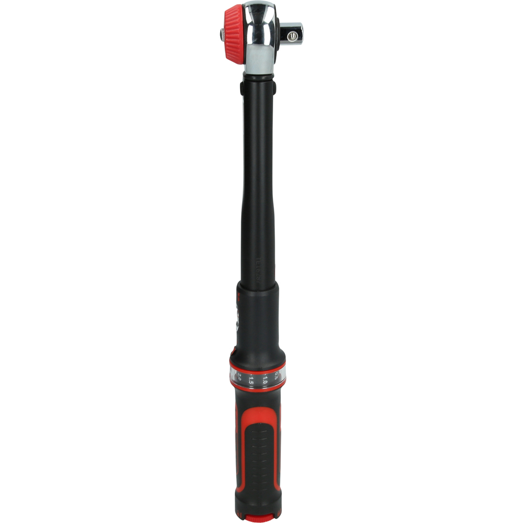 Llave dinamométrica, negra y roja. Esfera y cabeza rojas, cuerpo negro, fondo blanco.