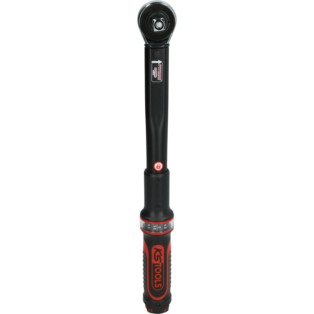 Una llave dinamométrica negra y roja. Tiene un mango negro y un dial rojo.