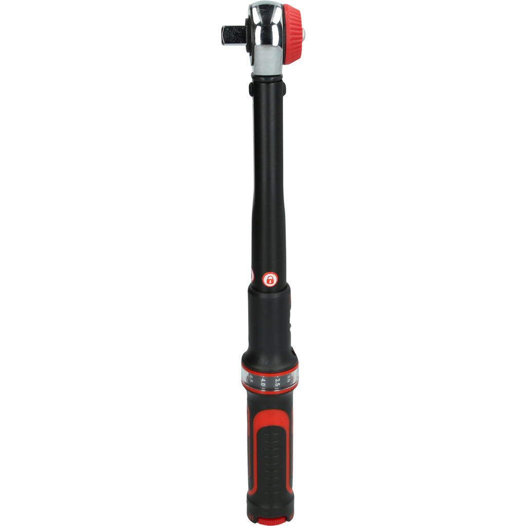 Llave dinamométrica con mango rojo y negro. Vista detallada de la herramienta.