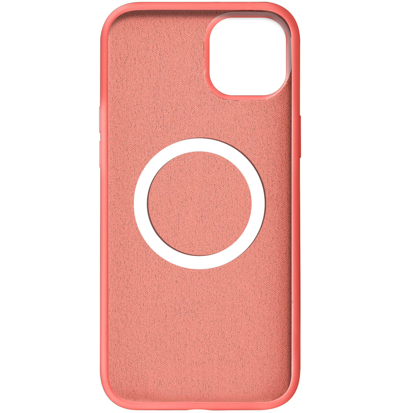 Una custodia per telefono rosa corallo con un ritaglio circolare bianco, probabilmente per la ricarica wireless.