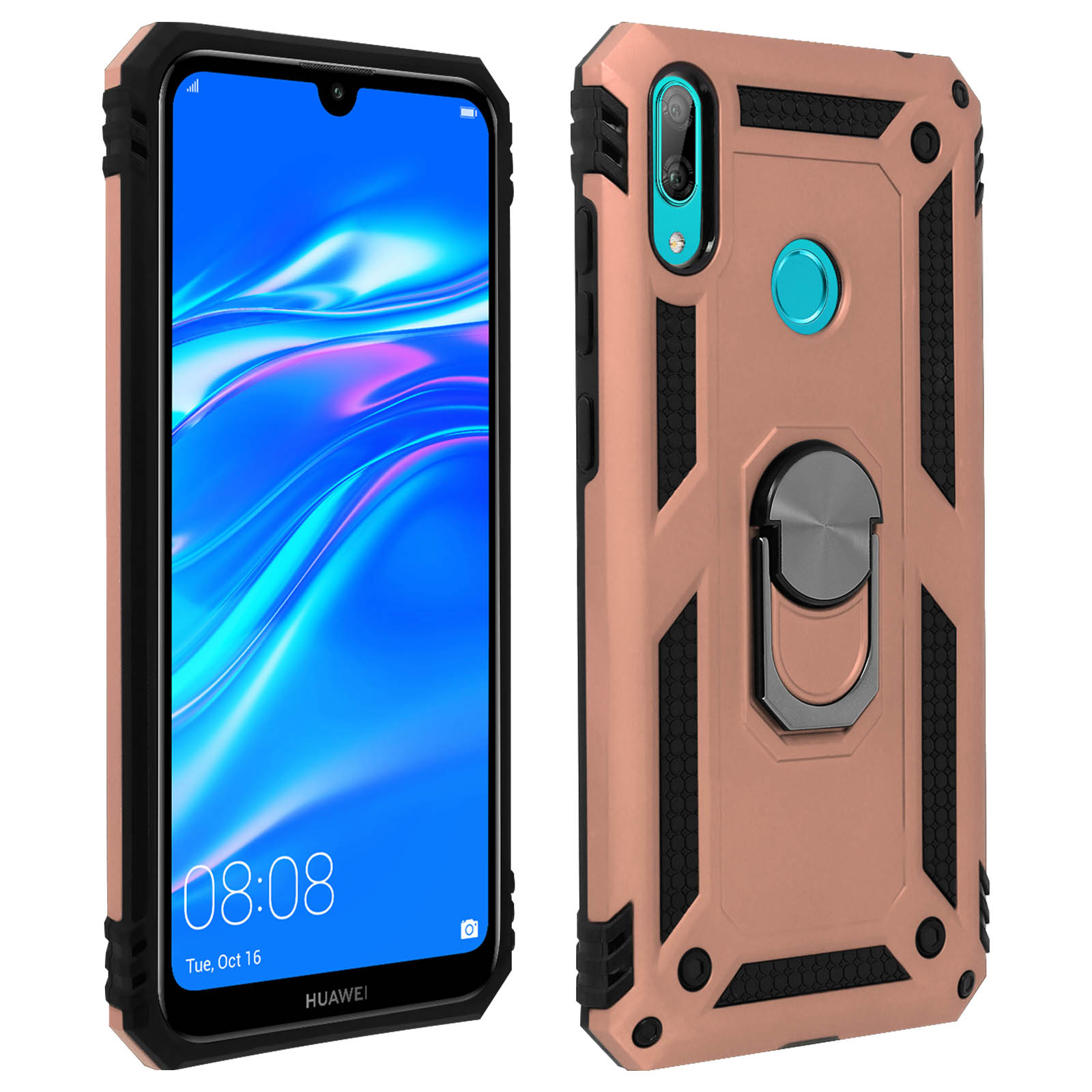 Telefono con custodia rosa e nera e supporto ad anello sul retro.