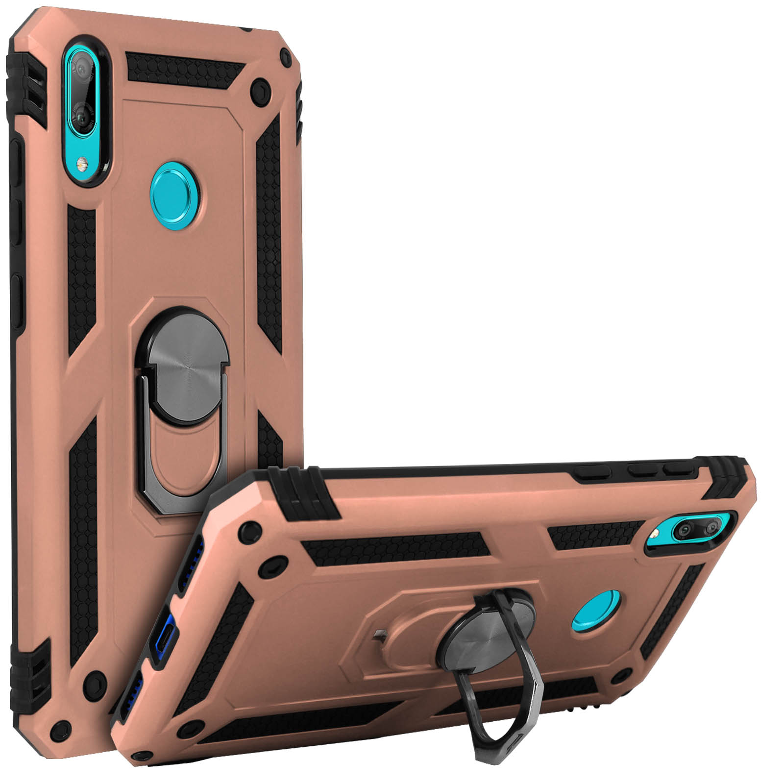 Due custodie per telefono, oro rosa. Una con anello di supporto. Entrambe con dettagli neri e rosa.