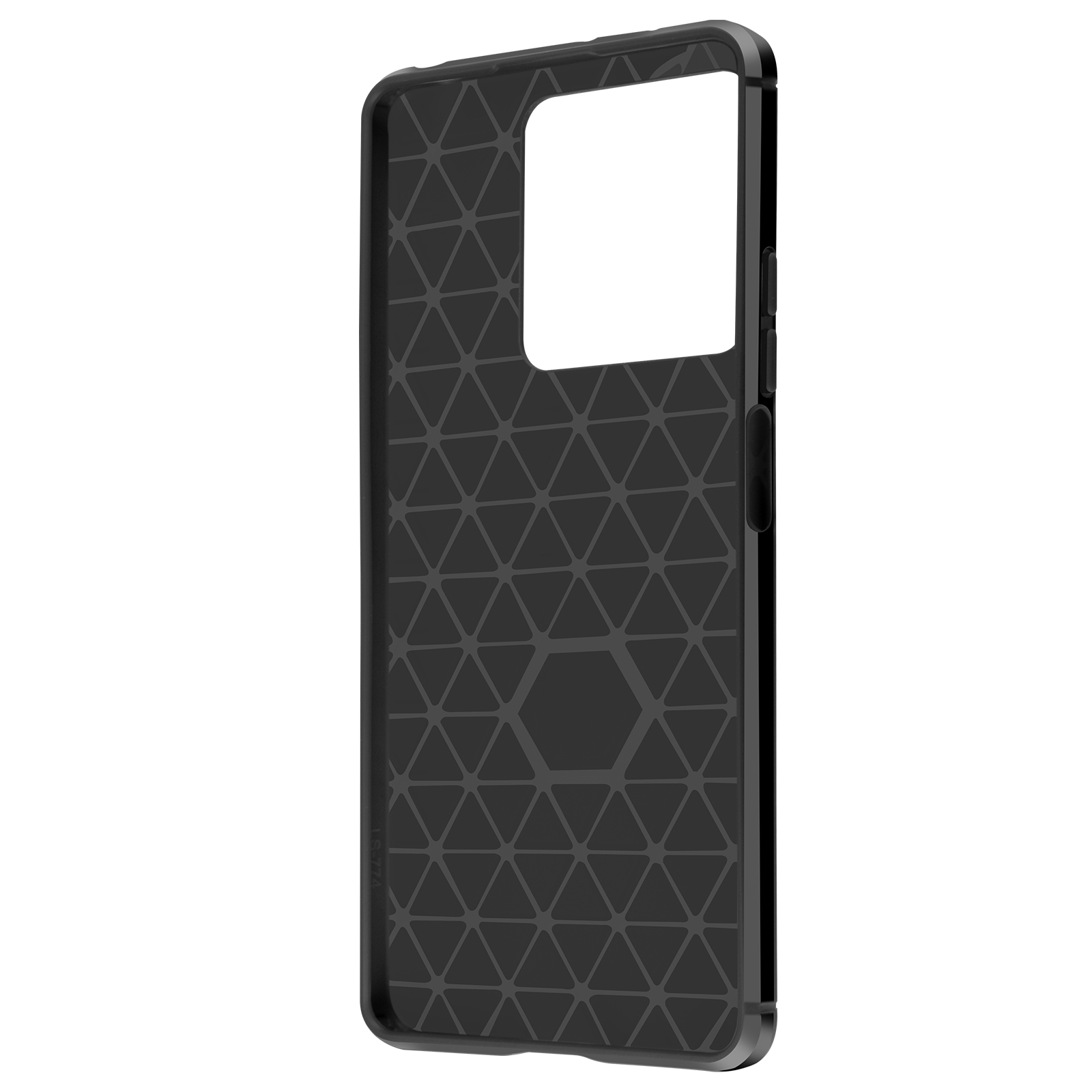 Custodia nera con un motivo geometrico sul retro. La custodia copre il retro e i lati del telefono.