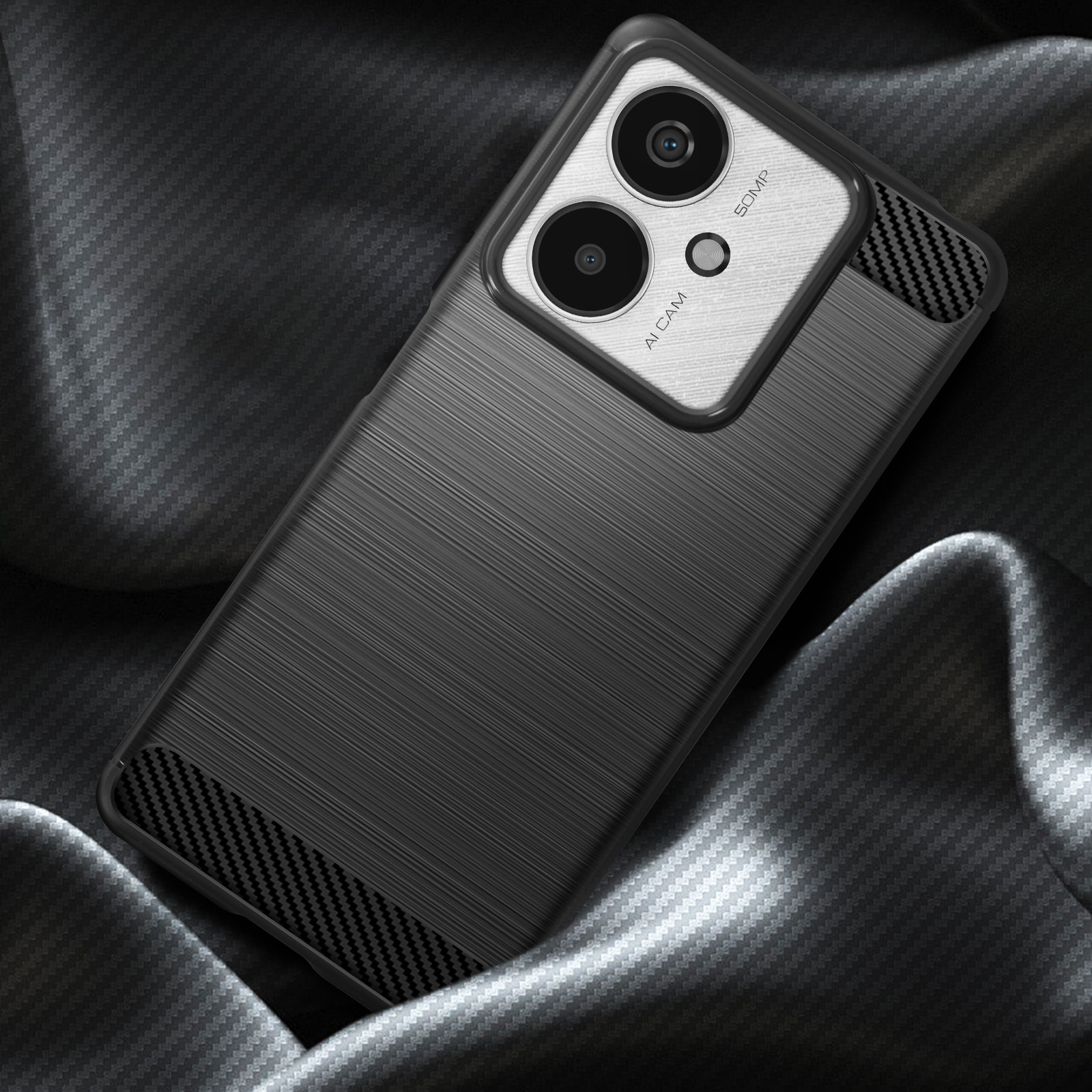 Custodia per telefono nera con retro strutturato. L'area della fotocamera è argentata con testo.