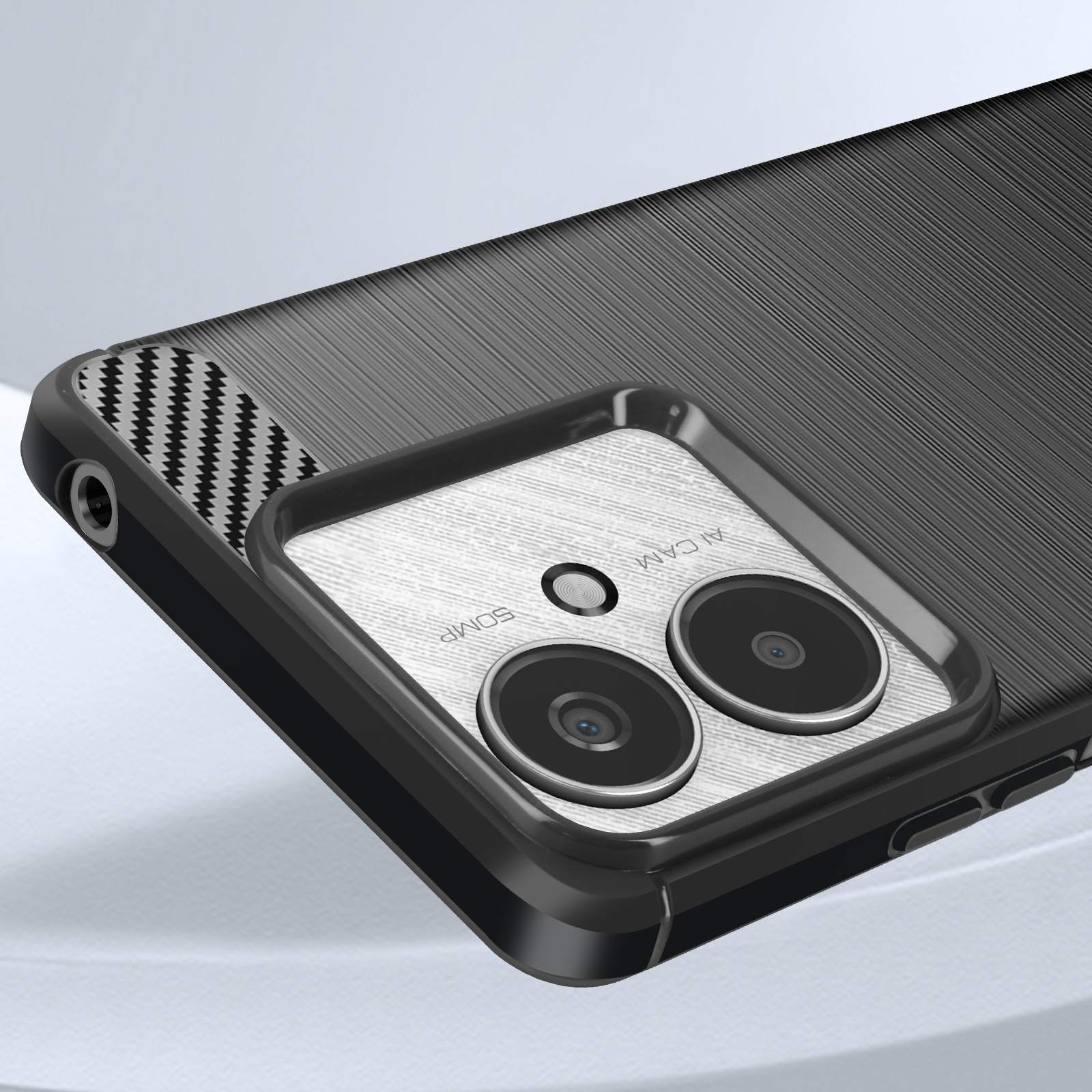 Primo piano di un telefono con retro nero strutturato. Il telefono ha un modulo fotocamera con due lenti.