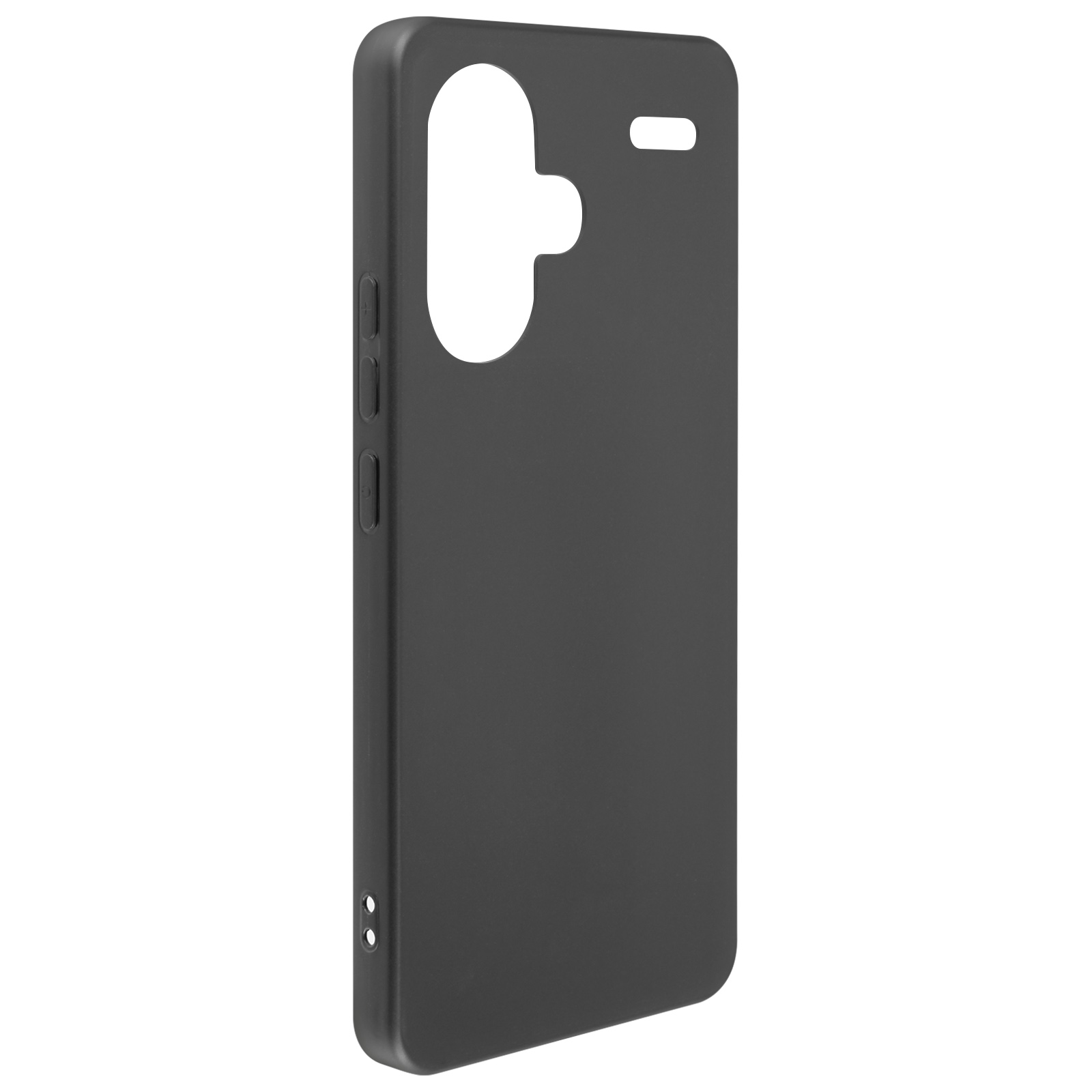 Una custodia per telefono nera di profilo, che mostra i pulsanti laterali e l'intaglio della fotocamera. La custodia è liscia e opaca.