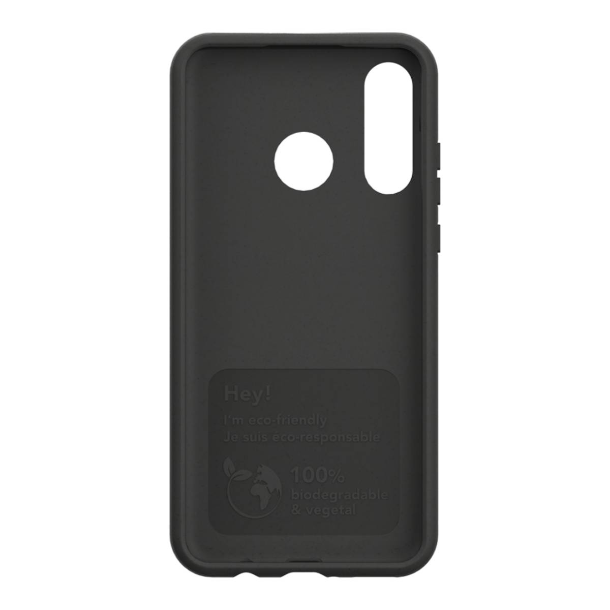 Una custodia per telefono nera ecologica, con un foro per la fotocamera e un messaggio.