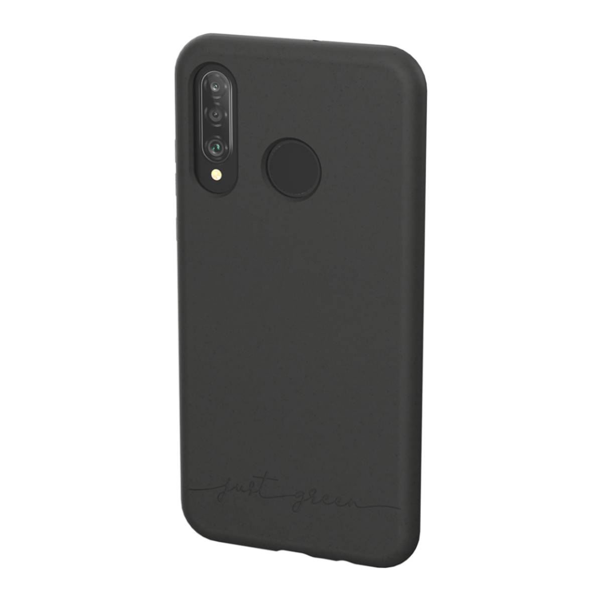 Custodia per telefono nera con scritto 'just green' e configurazione a tripla fotocamera in alto.