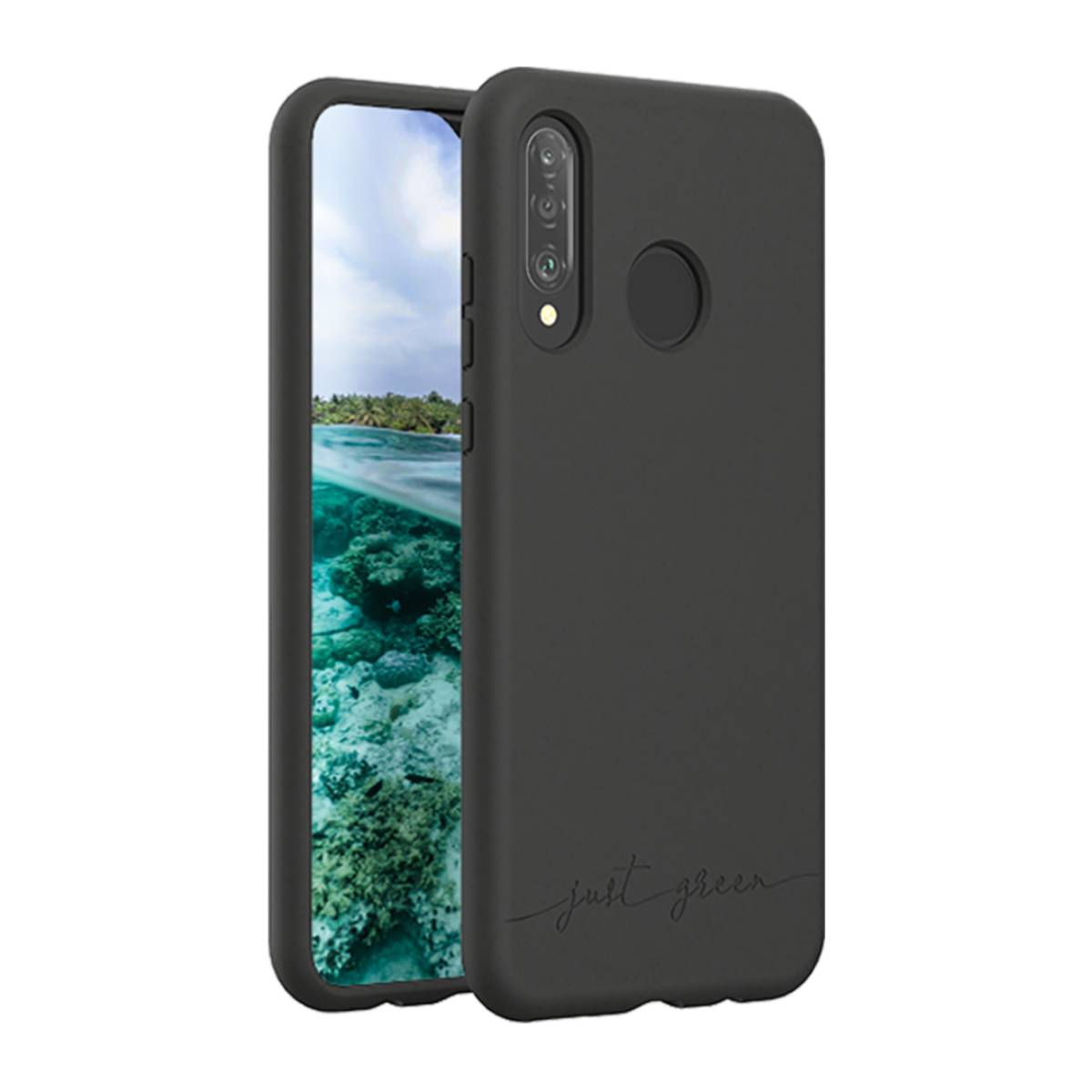 Custodia nera per telefono con un telefono all'interno, che mostra un design verde.