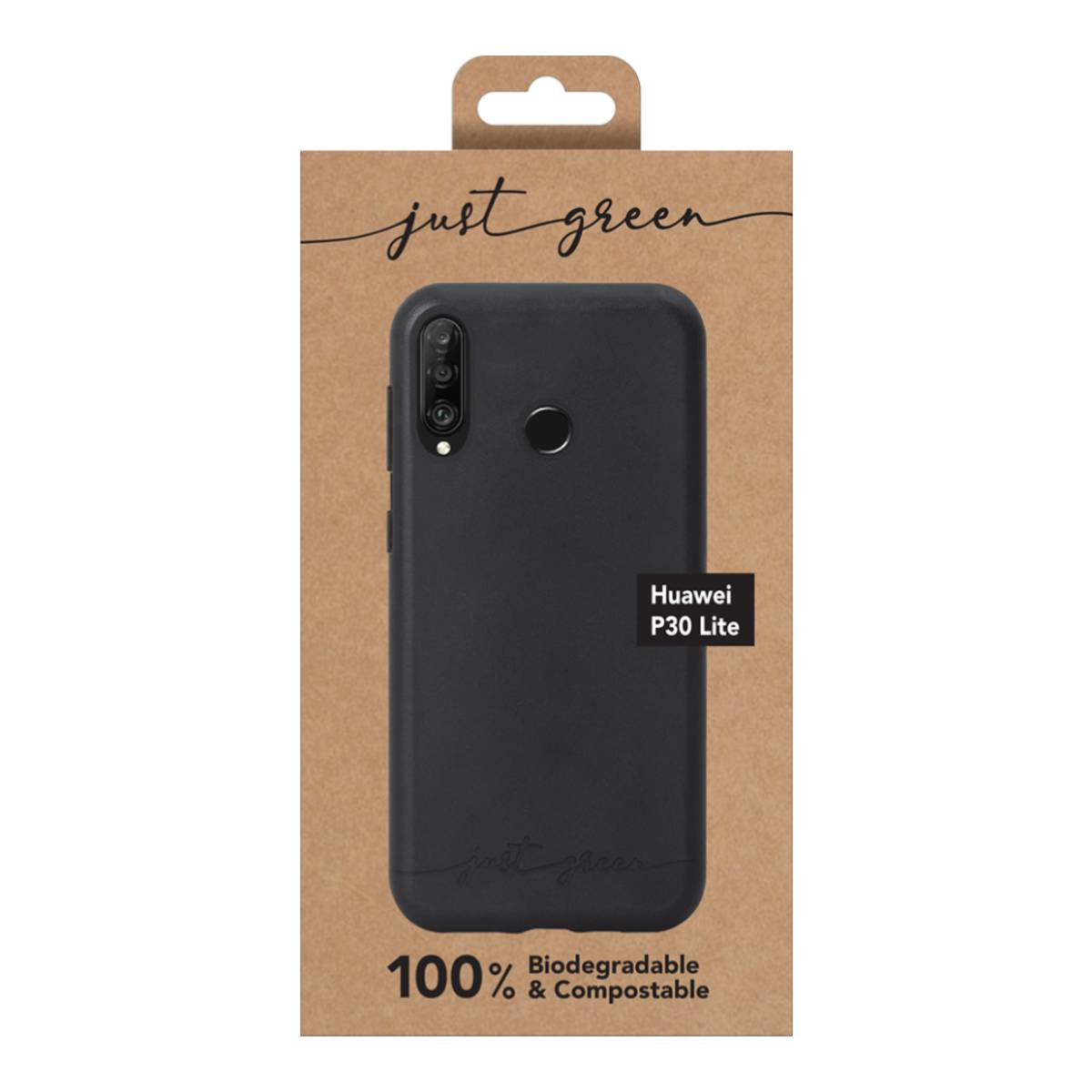 Custodia nera per telefono nella confezione. Dice 'just green' e '100% Biodegradabile'.