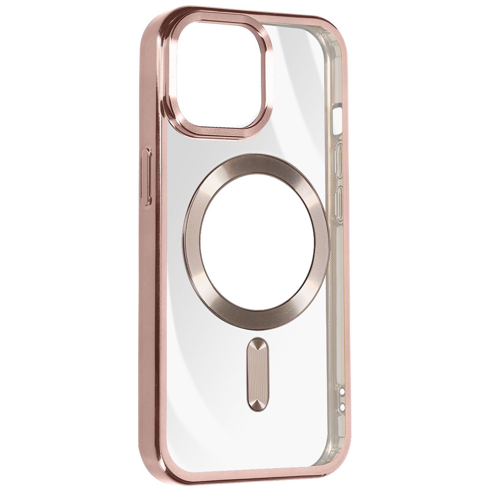 Custodia oro rosa per telefono con retro trasparente. Design circolare e ovale. Bordo oro rosa lucido.