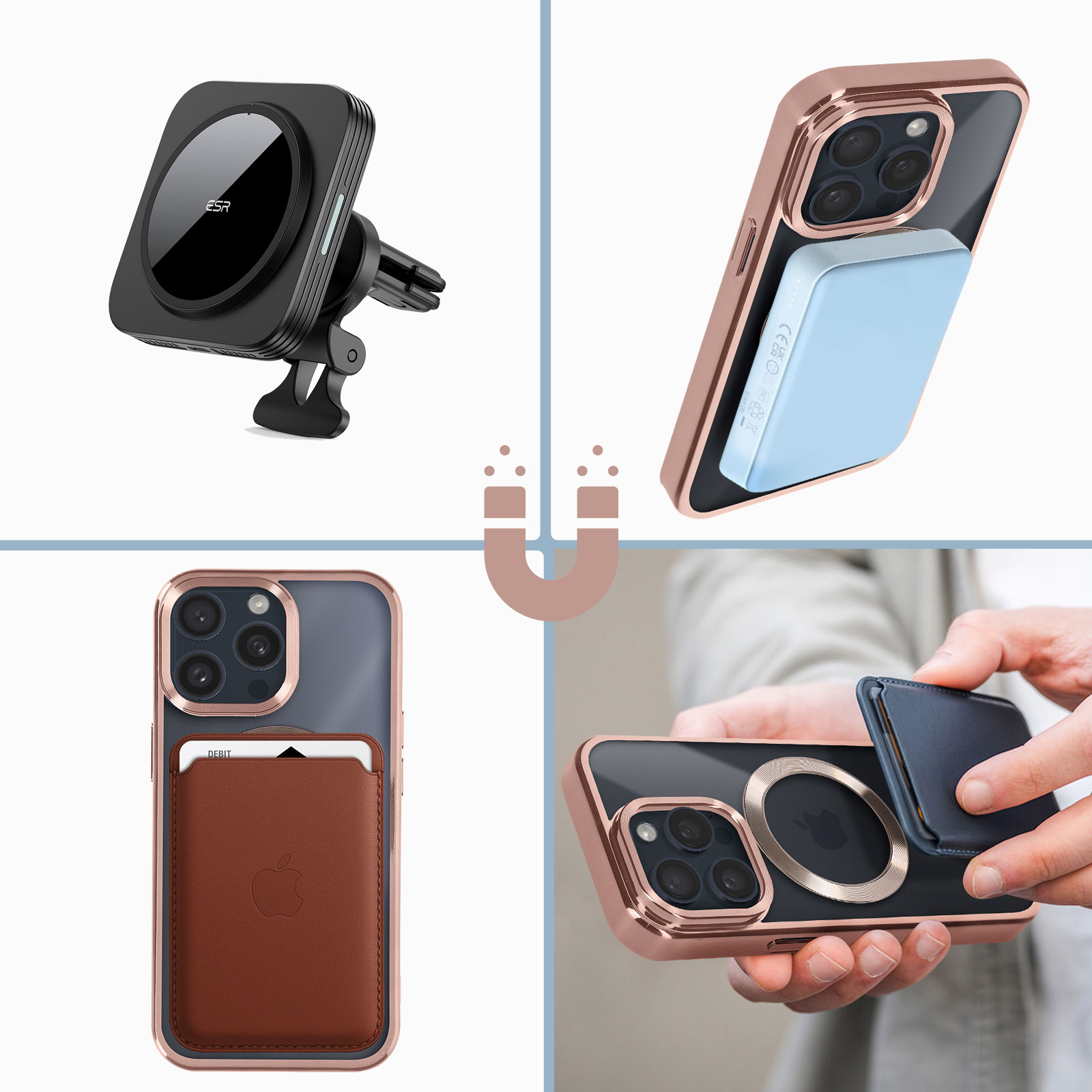 Un collage di accessori per telefoni, tra cui un caricatore, un portafoglio e un supporto magnetico.