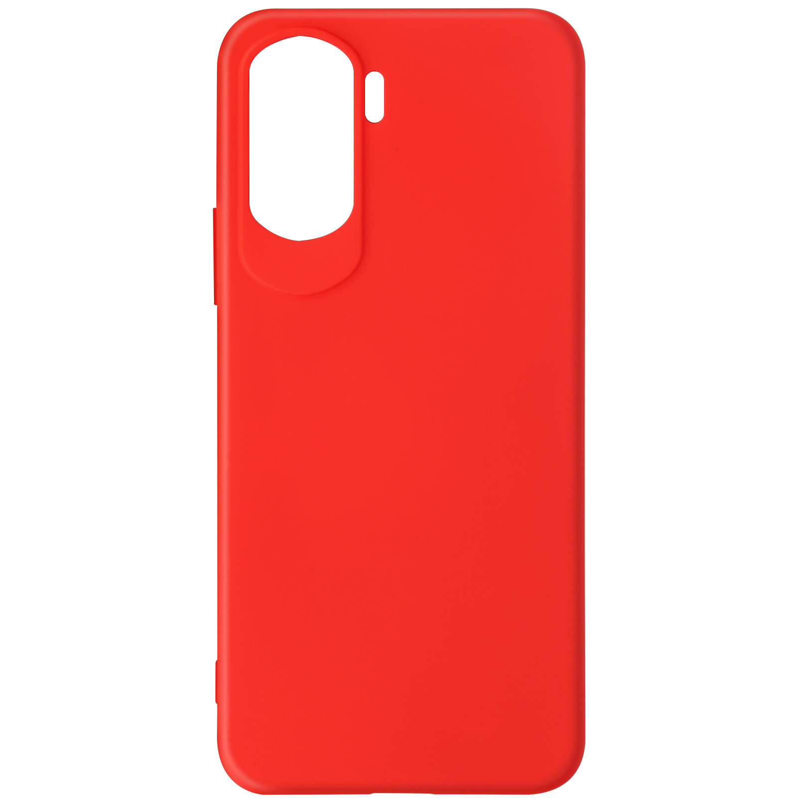 Felrode telefoonhoes met een glad oppervlak en een ovale camera-uitsparing.