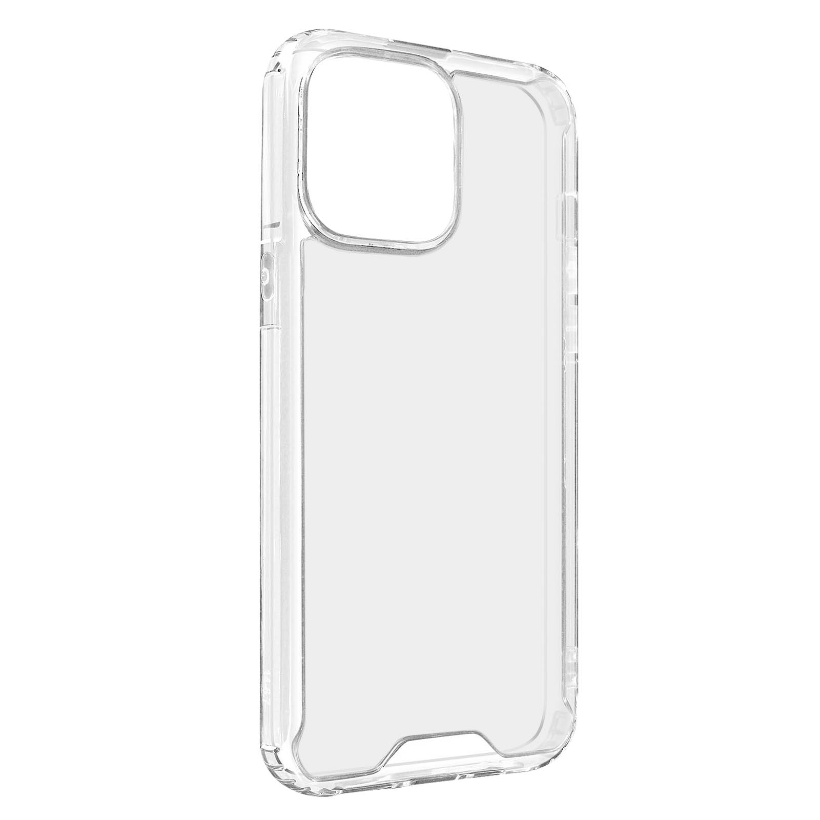 Custodia trasparente per telefono. Presenta un ritaglio per la fotocamera. Su sfondo bianco.