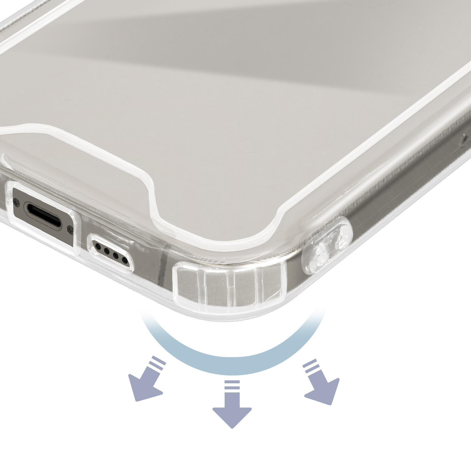 Custodia trasparente per telefono. Dettaglio inferiore con design a frecce. Vista laterale con porta di ricarica e pulsanti.