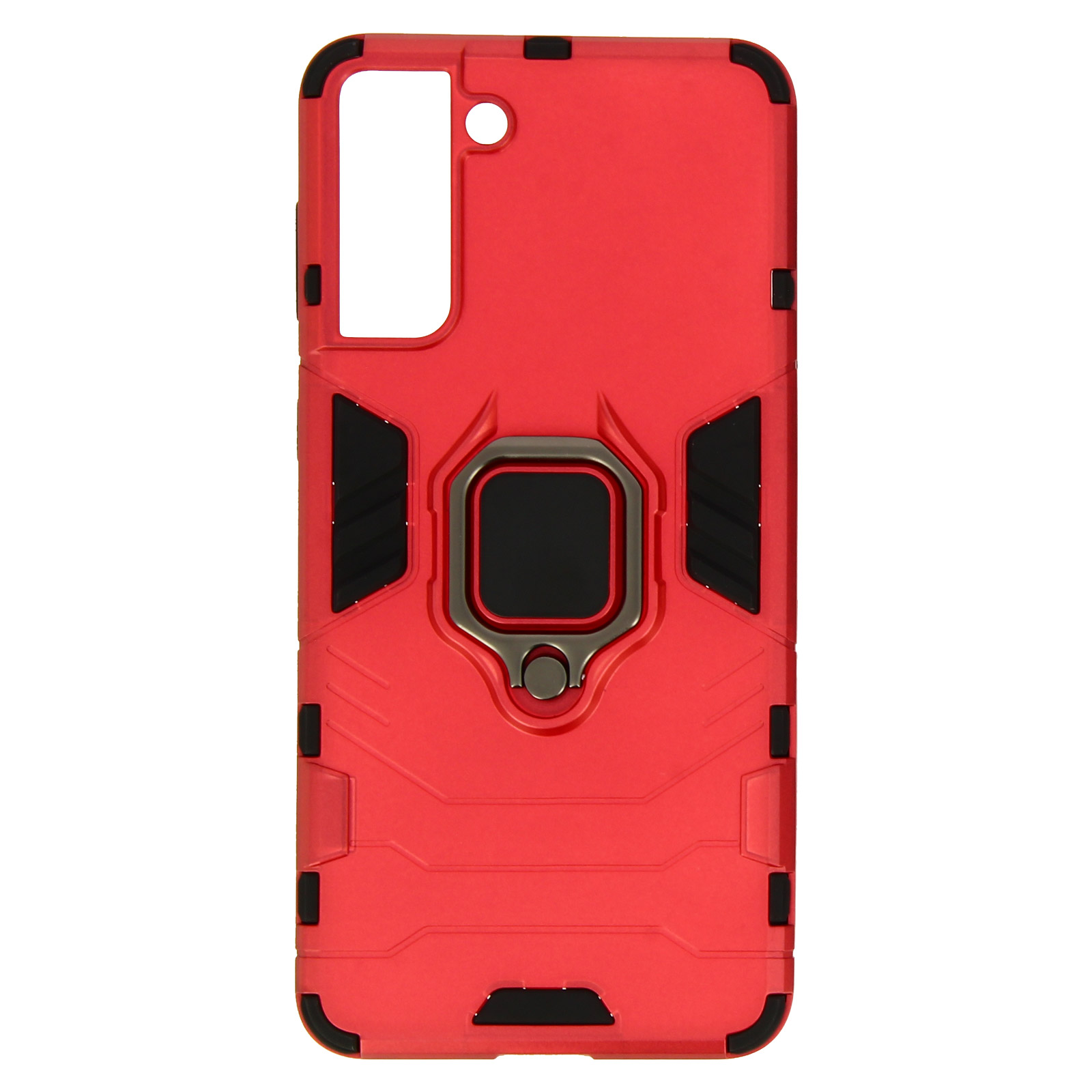 Custodia rossa per telefono con anello e ritaglio fotocamera quadrato.