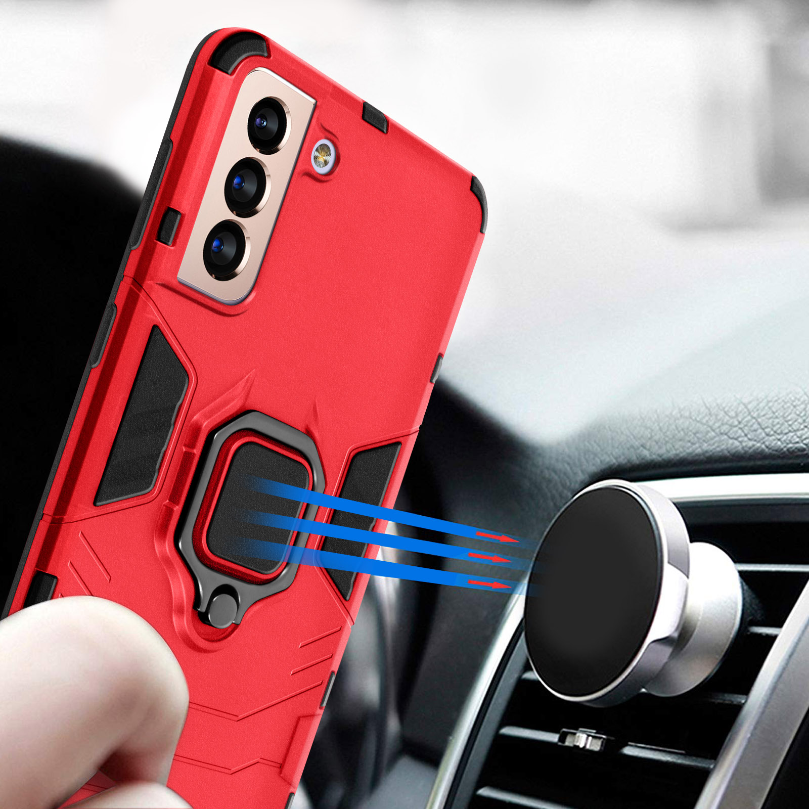 Custodia rossa con anello di supporto ed effetto campo magnetico.