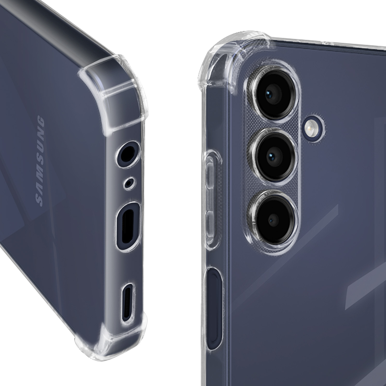 Due custodie trasparenti per telefono. Una mostra il lato con 'SAMSUNG' stampato. Un'altra mostra il ritaglio della fotocamera.