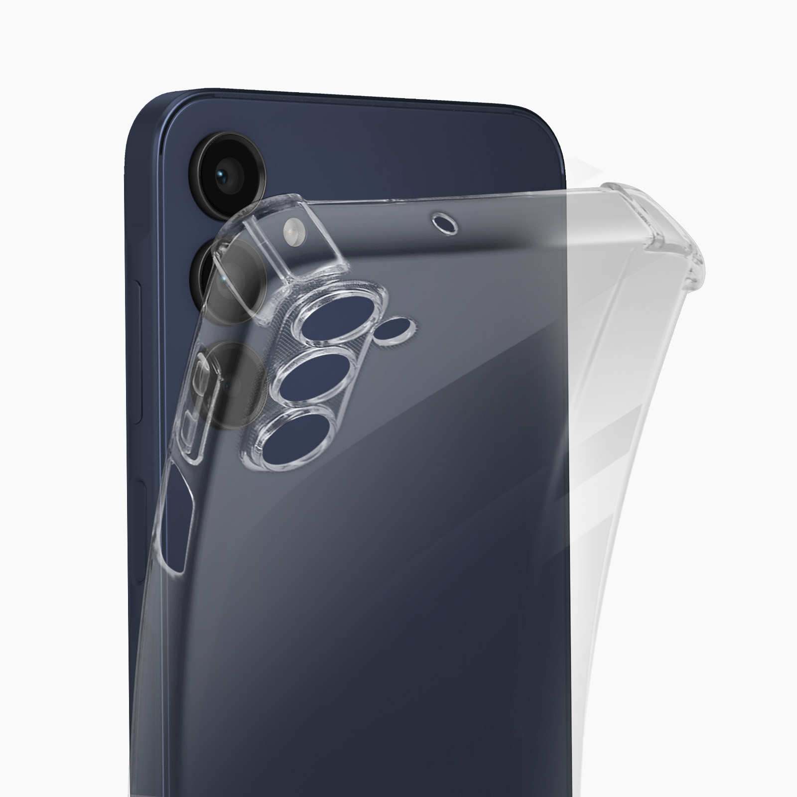 Una custodia trasparente per telefono su un telefono blu. Le lenti della fotocamera sono visibili.