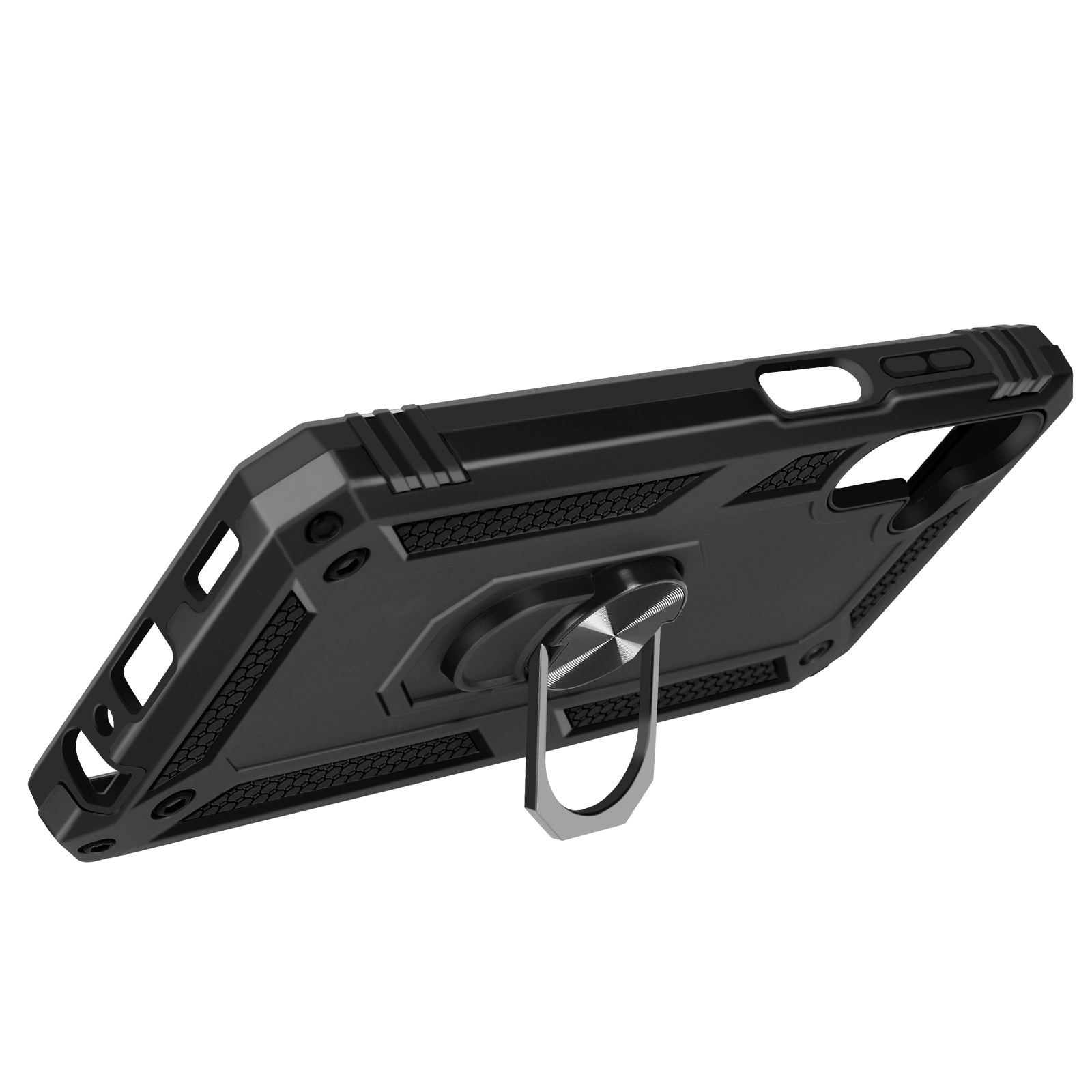 Eine schwarze Handyhülle mit einem Ringständer. Sie hat eine strukturierte Rückseite und einen metallischen Ring.