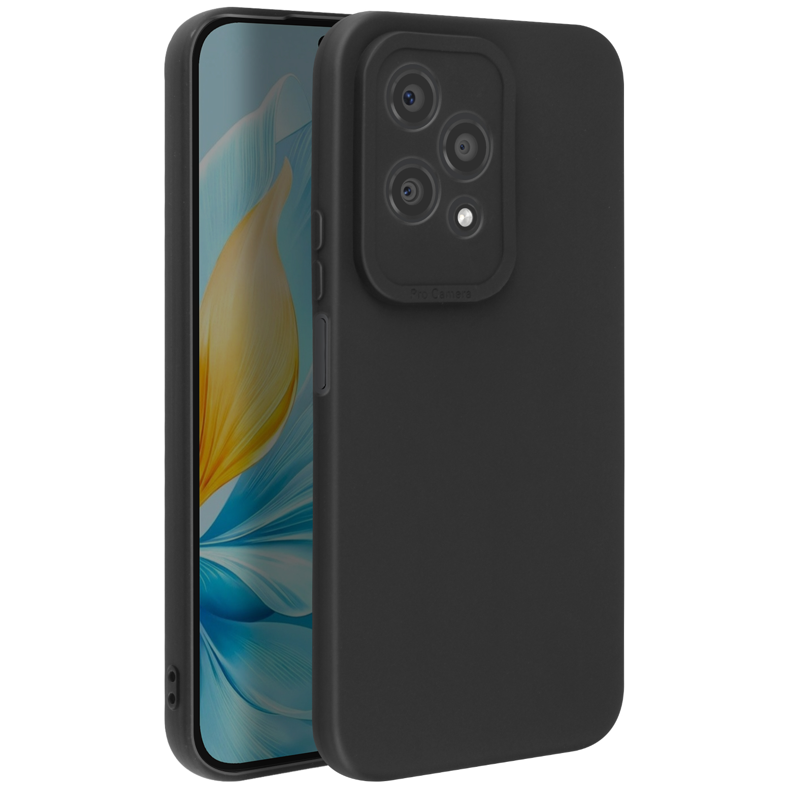 Custodia nera con sporgenza per la fotocamera. Un telefono è inserito. Finitura opaca.