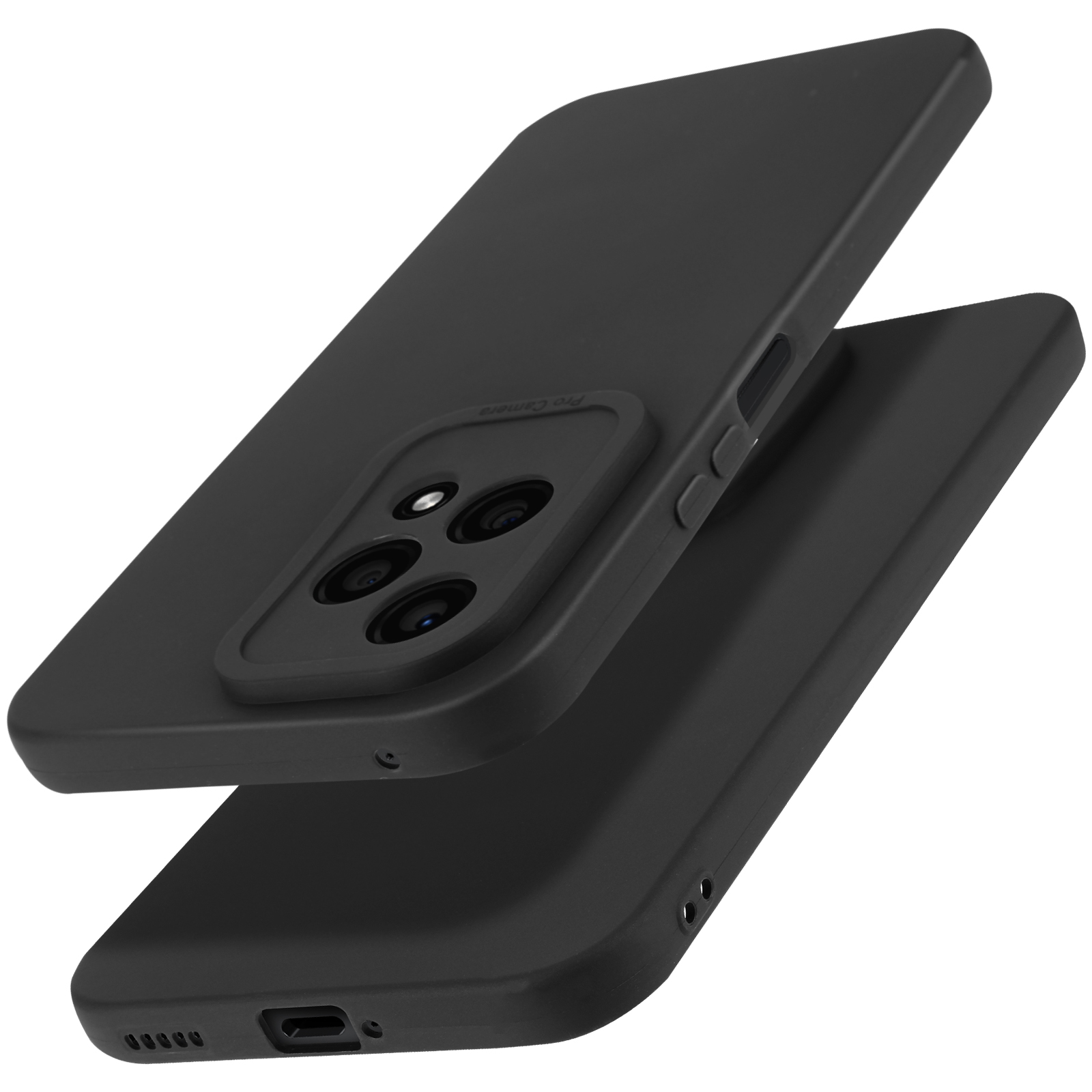 Custodia per telefono nera con ritaglio per la fotocamera. La custodia è sopra un'altra custodia simile.