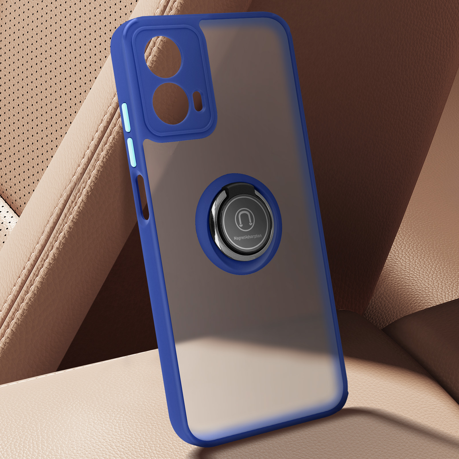 Blaue Handyhülle mit Ringhalter auf einem Autositz. Die Hülle ist transparent.