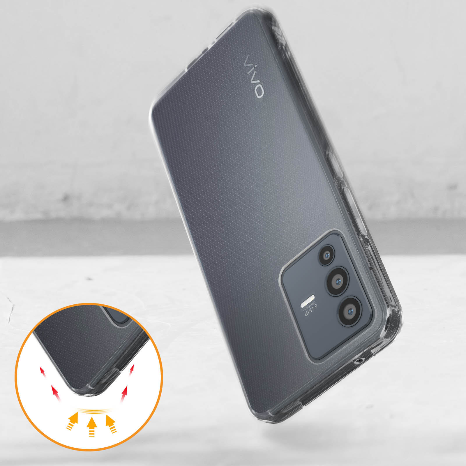 Telefono in custodia grigia trasparente. Logo Vivo visibile. Frecce che mostrano la protezione dagli impatti. Sfondo bianco.