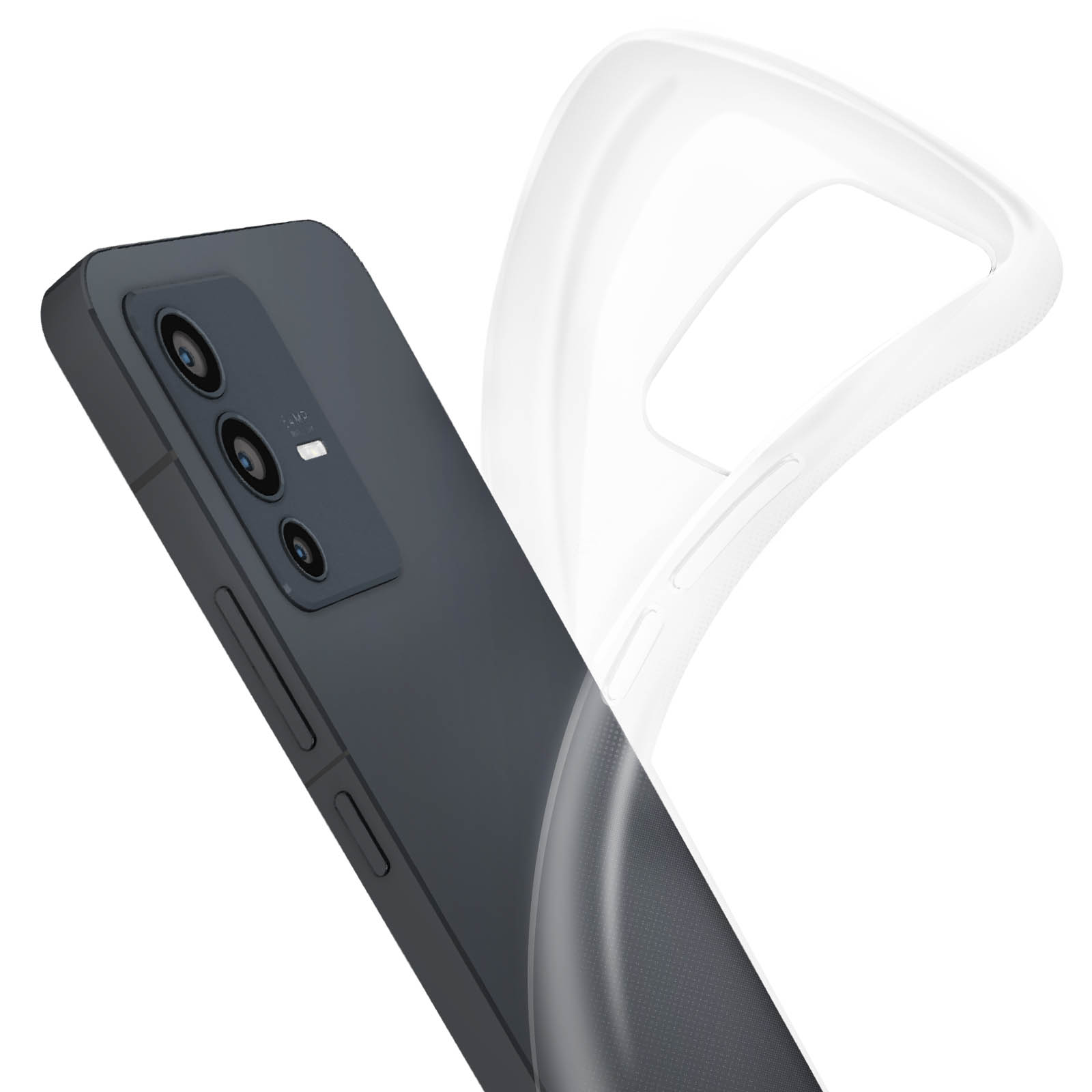 Telefono grigio scuro con tripla fotocamera e custodia trasparente.