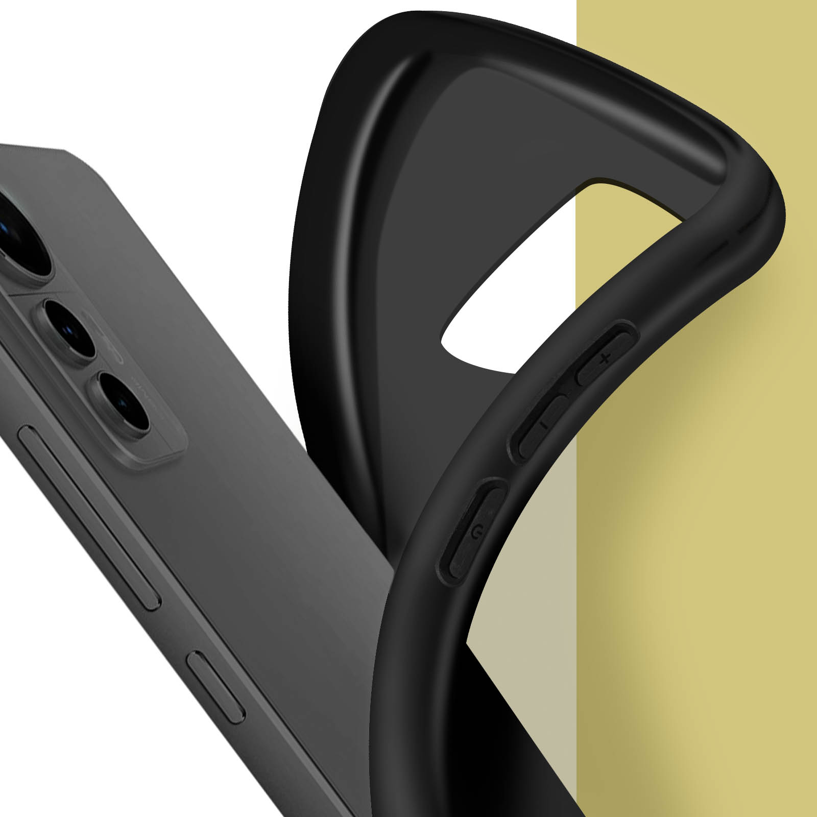 Zwarte telefoon en zwarte hoes. De hoes heeft knoppen aan de zijkant.