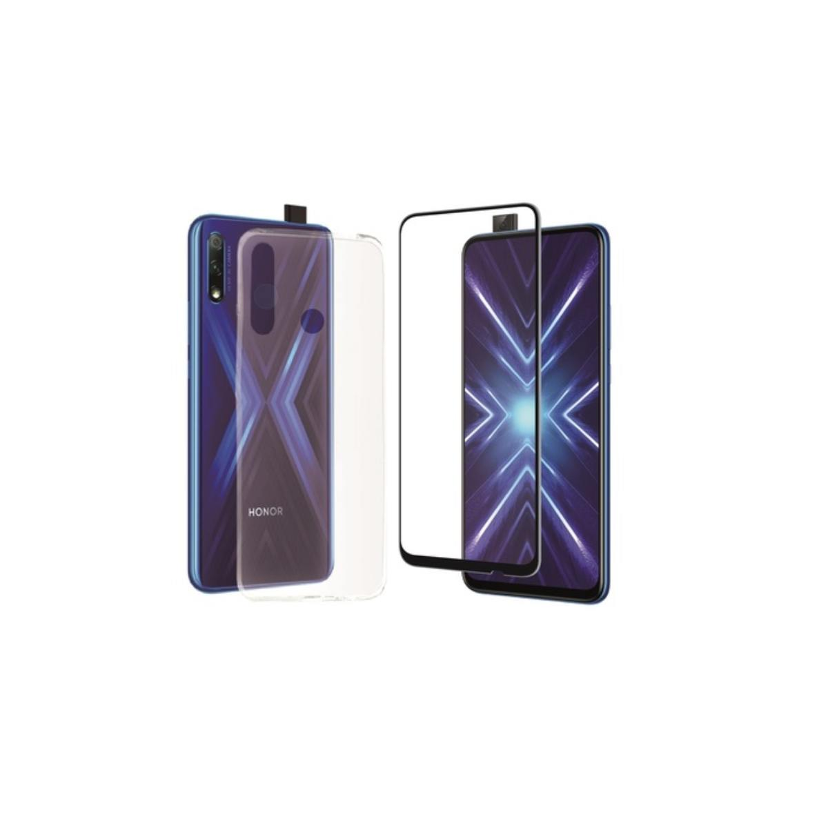 Smartphone e accessori protettivi. Il telefono è blu con una custodia protettiva trasparente.
